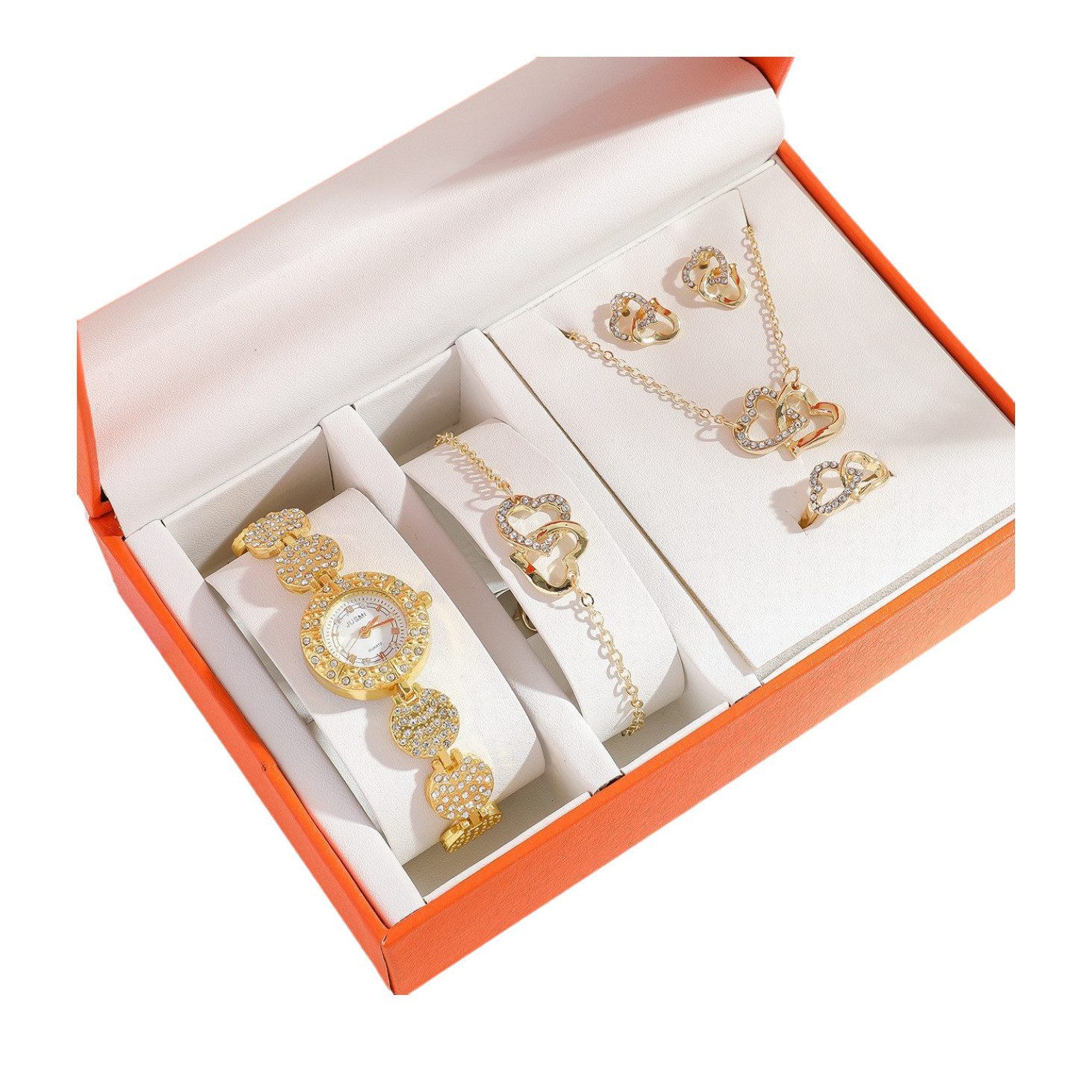 Quarzuhr Geschenk Damen Armbanduhr Armband Halskette Ring Ohrring Schmuck Set