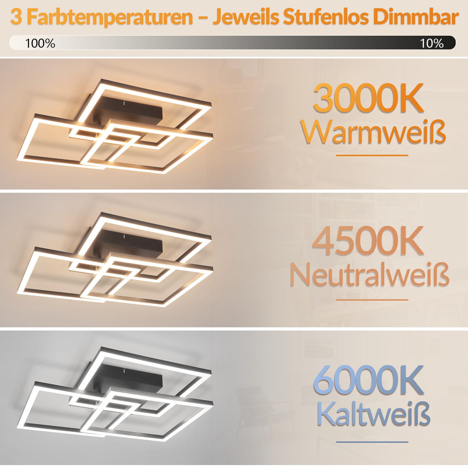 Nettlife LED Deckenleuchte 31/43W dimmbar Wohnzimmer Fernbedienung eckig modern Deckenlampe, LED fest integriert, für Schlafzimmer Küche Büro wechselbar von 300 – Bild 4 von 5