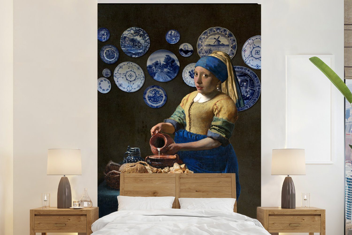 MuchoWow Fototapete Milchmädchen - Mädchen mit Perlenohrring - Delfter Blau, Matt, bedruckt, (3 St), Montagefertig Vinyl Tapete für Wohnzimmer, Wandtapete