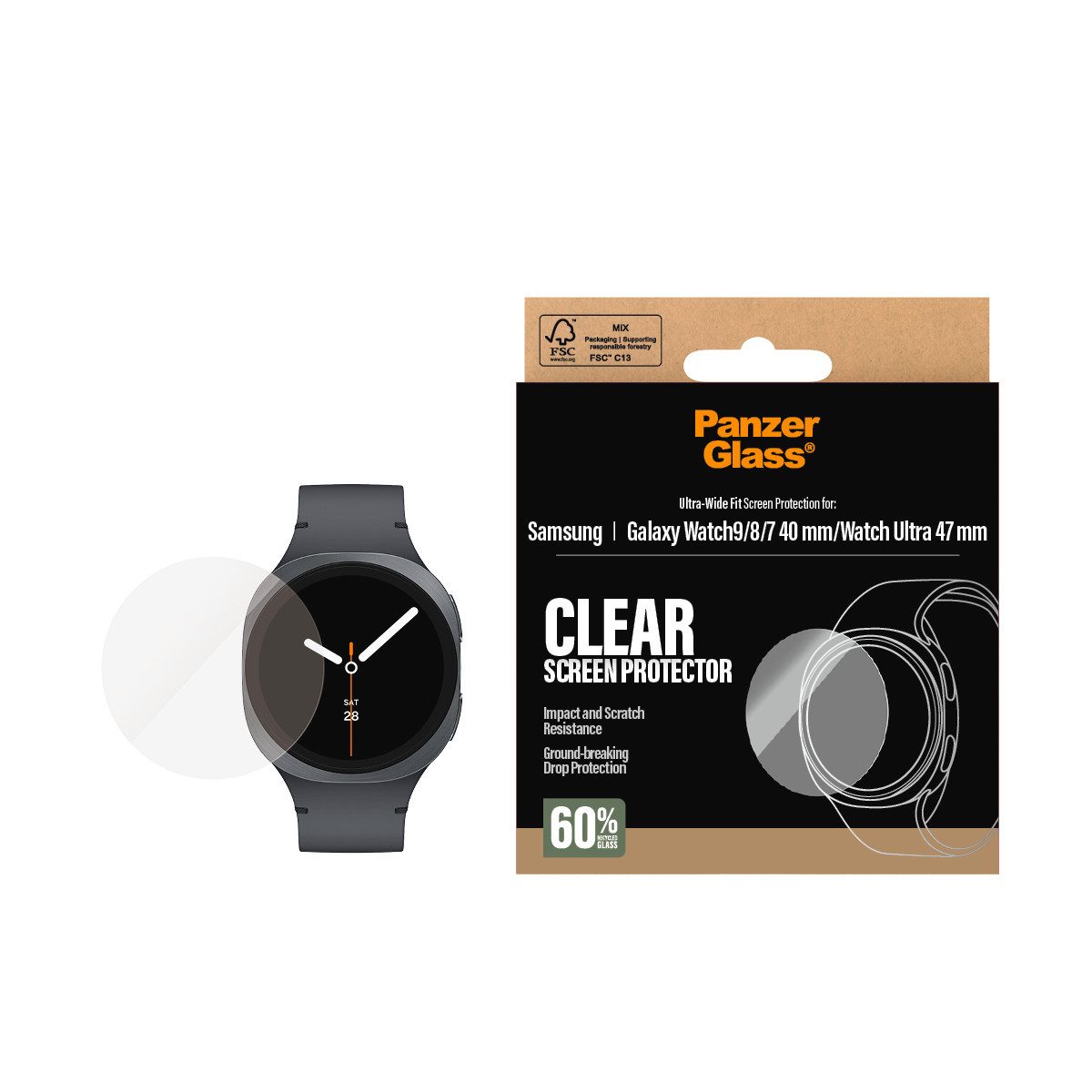 CARE by PanzerGlass Displayschutzglas Ultra-Wide Fit Screen Protector für Samsung Galaxy Watch9/8/7 40 mm; Samsung Galaxy Watch Ultra 47 mm, Displayschutzfolie, Schutzfolie, Bildschirmschutz, kratz- & stoßfest