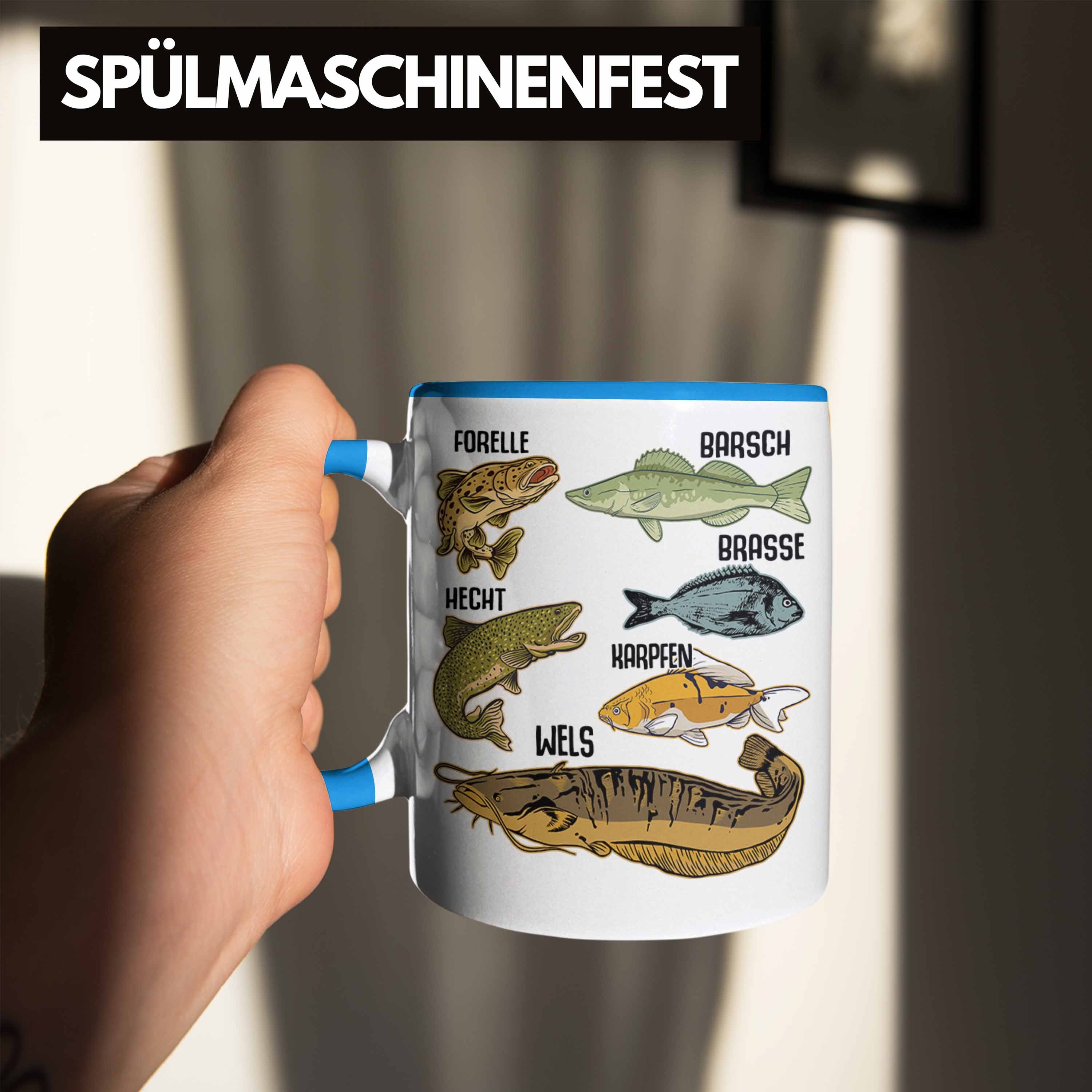 Trendation Tasse Trendation Angler mit Fischarten Angeln Fischer - Hobbyangler Kaffeetasse Barsch Blau Tasse Forelle Hecht Raubfische Geschenk