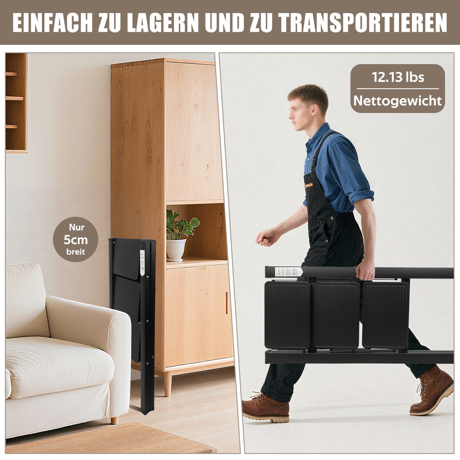 OZAVO Trittleiter 3 stufen klappbar Mit breiten rutschfesten Stufen, bis 150 kg (Eisen Doppelleiter,Sicherheitsleiter,Multifunktionsleiter), für Haushalt, Büro, – Bild 4 von 5