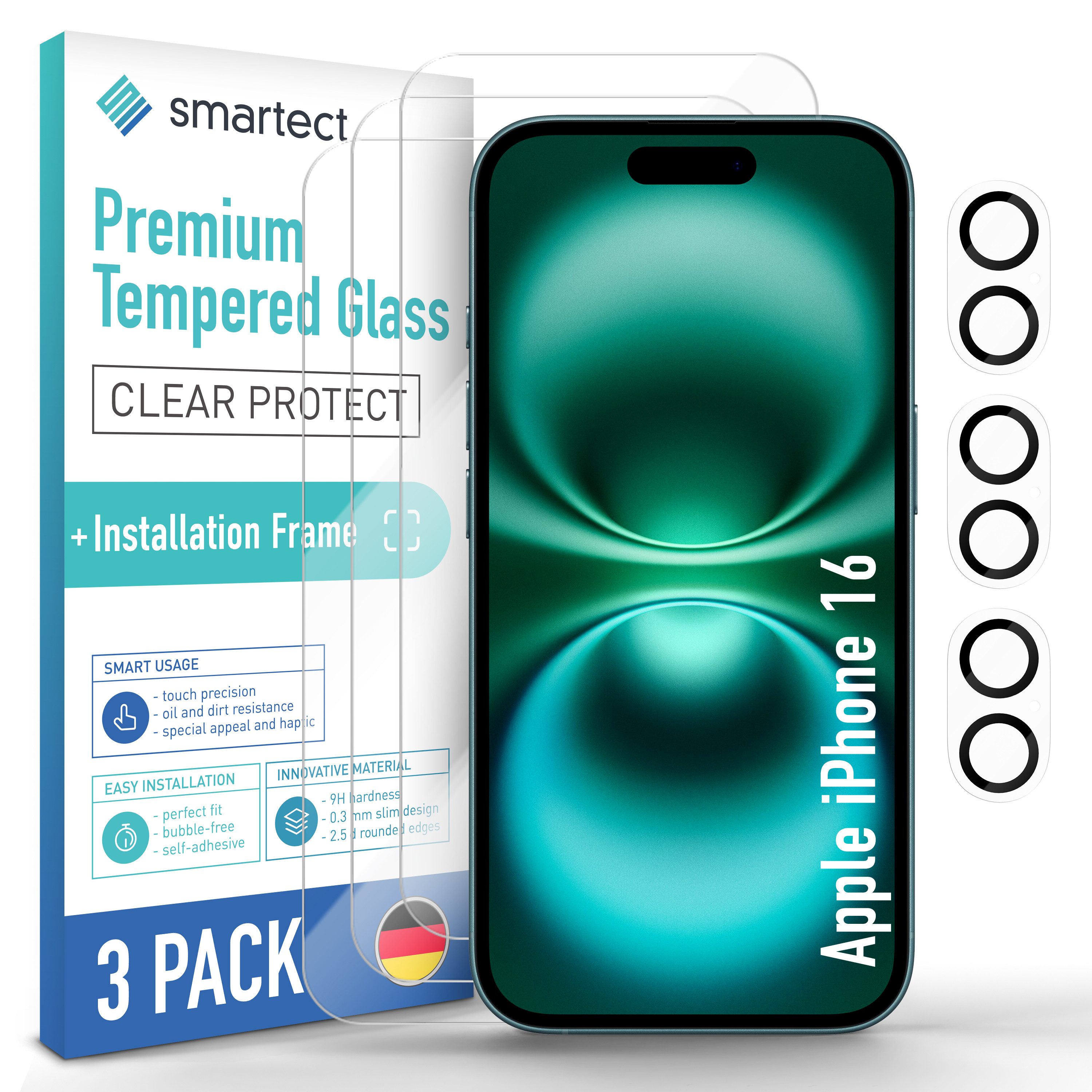 smartect Displayschutzglas Schutzglas Panzerfolie 3 + 3 Stück für iPhone 16 (Display + Kamera) für Apple iPhone 16, Set, 3 Stück, inkl. Anbringhilfe, 0.3 mm Ultra-klar, 9H Härte, Kratzfest, Stoßfest