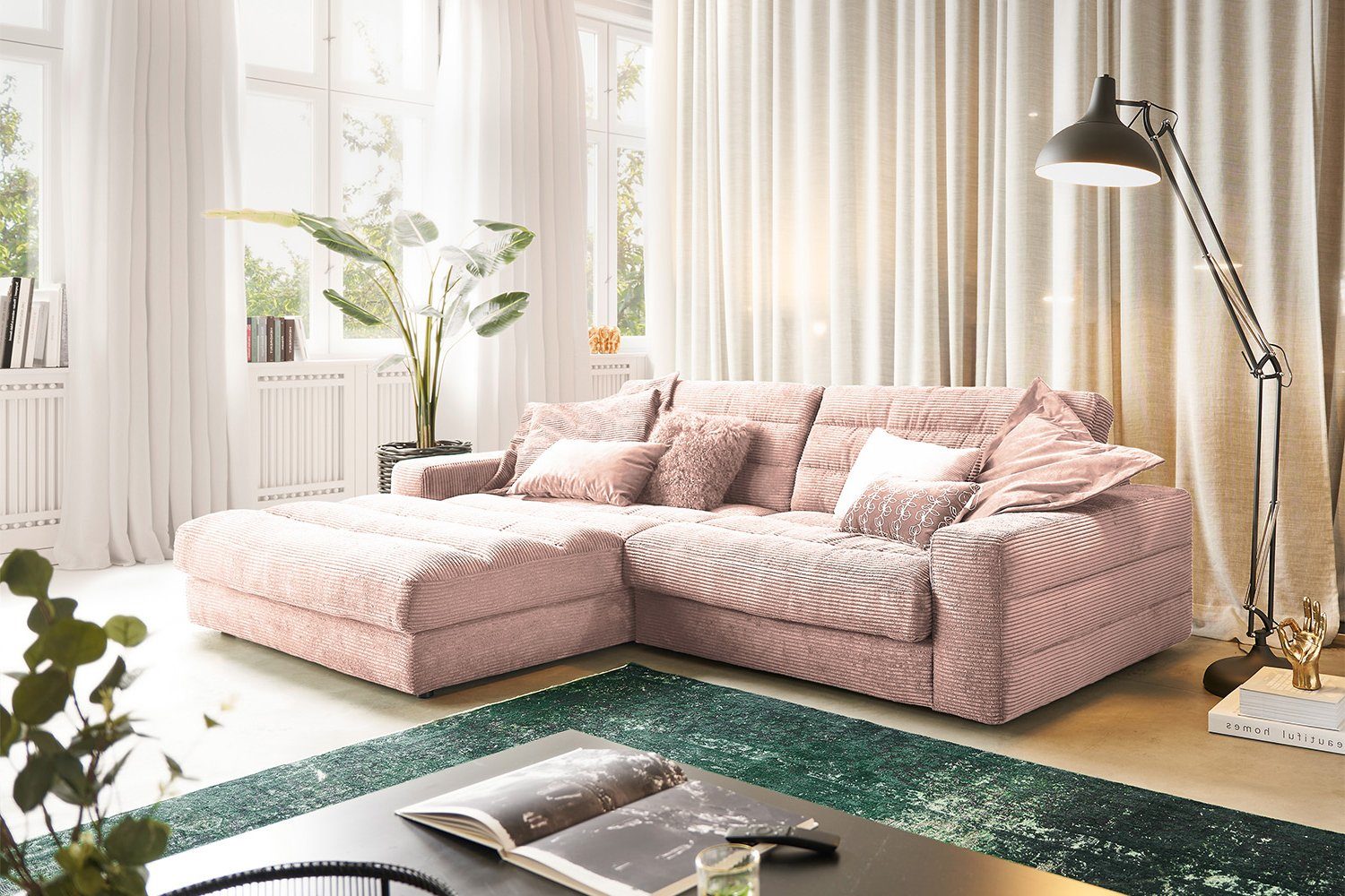 KAWOLA Ecksofa LANA, Sofa Cord Recamiere rechts od. links versch. Größen und versch. Farben rosa