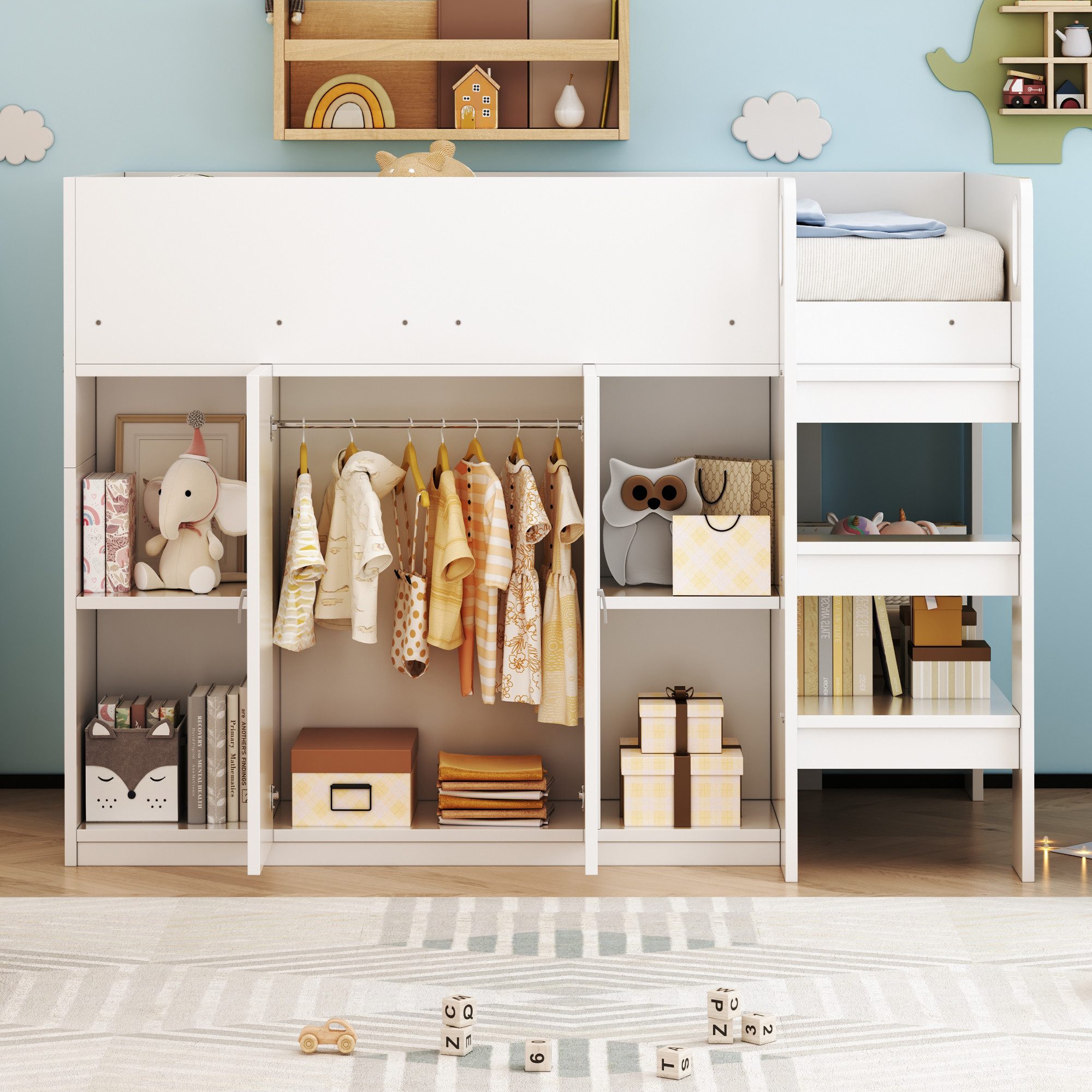 Merax Hochbett (1-St) Kiefernholzbett Kinderbett 90x200cm mit Kleiderschrank Regalen Leiter