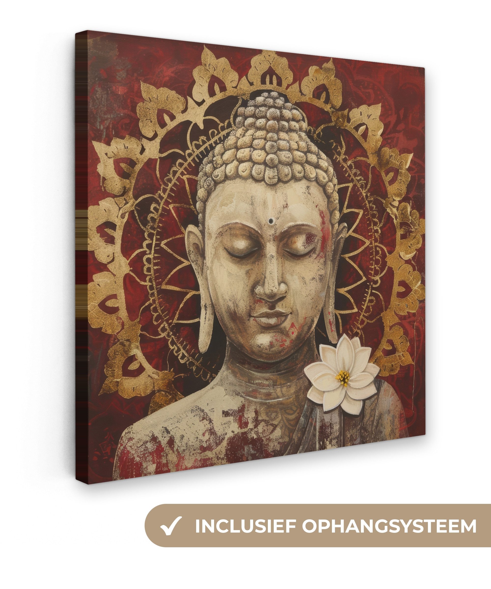 OneMillionCanvasses® Leinwandbild Buddha - Mandala - Blume - Rot - Gold - Zen, Fotodruck (1 St), Wandbild, Deko Schlafzimmer Wohnzimmer Flur 20x20 cm