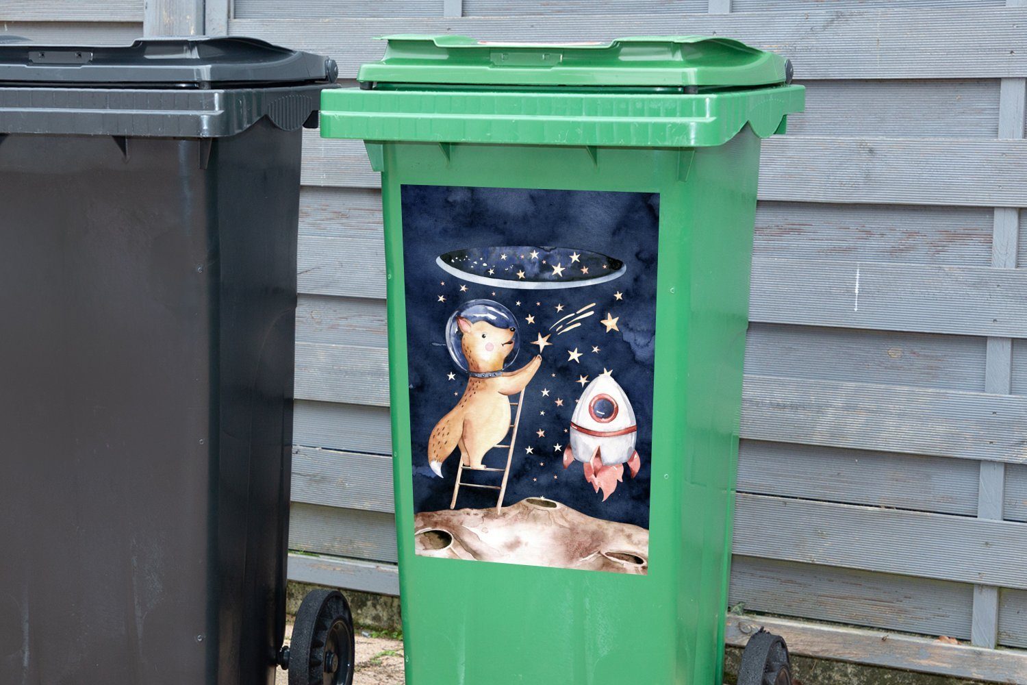 Wandsticker - Sticker, St), Fuchs - (1 Abfalbehälter Container, - Weltraum Jungen Kind Mülleimer-aufkleber, MuchoWow - Mädchen - Mülltonne, Rakete
