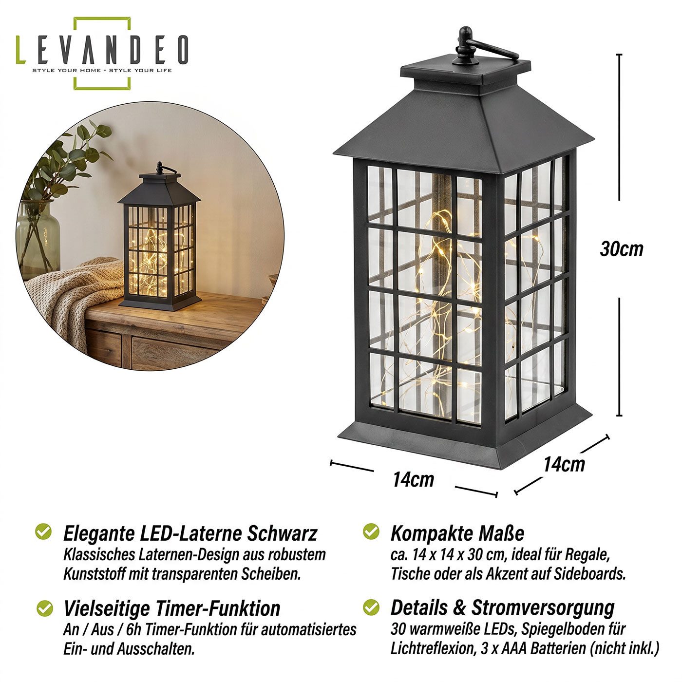 Levandeo® LED Laterne LED Laterne Schwarz H30cm Lichterkette Warmweiß Timer Wohndeko Lampe K, Ein-/Ausschalter, Timerfunktion (6h/18h), LED Lichterkette, warmweiß