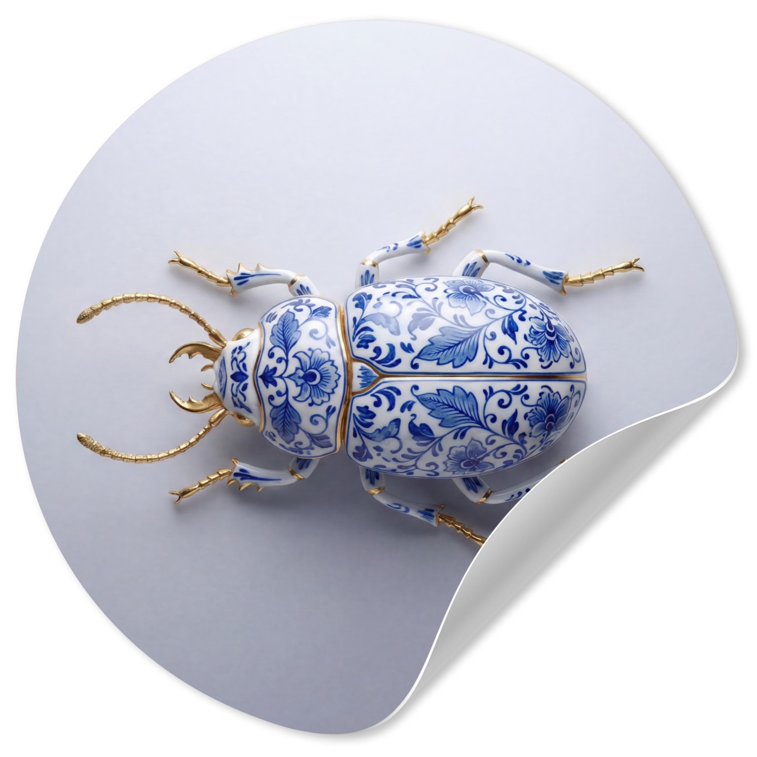 MuchoWow Wandsticker Käfer - Delfts - Blau - Gold (1 St), Wandtattoo Selbstklebend, Wohnzimmer Deko Aufkleber, 30x30 cm