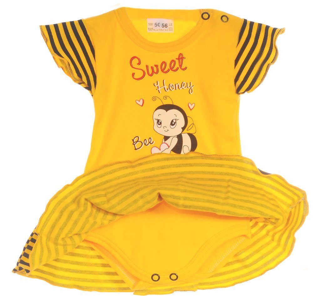 La Bortini Spieler Baby Bodykleid kurzer Strampler in Gelb gestreift mit Biene aus reiner Baumwolle, 44 50 56 62 68 74 80 86