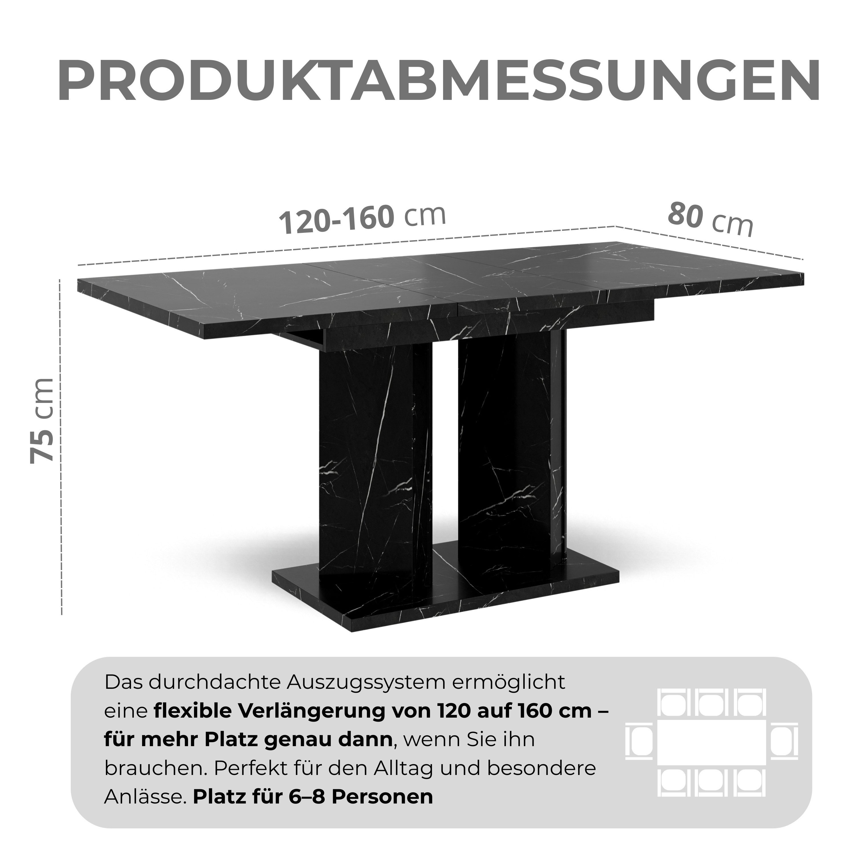 Home Collective Esstisch ausziehbar Tisch Küchentisch Esszimmertisch Ausziehtisch (Esszimmer Küche Wohnzimmer Esstisch erweiterbar), Doppel-Säulengestell 120-160x80 cm Schwarz Marmor-Optik