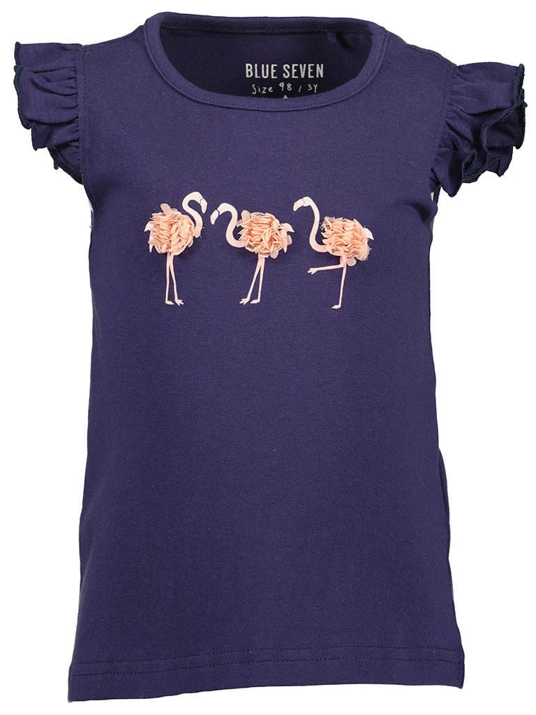 Blue Seven T-Shirt 702400 Kinder Mädchen T-Shirt Tiermotiv Flamingo - Kurzarm Sommershirt Baumwolle, 3D-Blütenapplikation, Verspielte Rüschenärmel, Atmungsaktiv