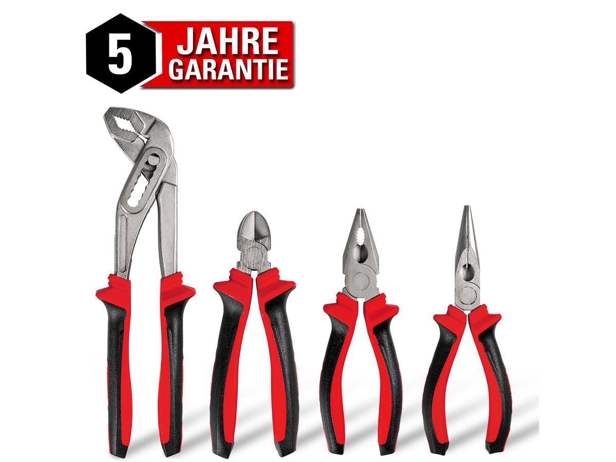 WALTER Zangenset Zangen-Set 4-teilig, 4-tlg., Wasserpumpenzange, Seitenschneider, Kombinationszange, Spitzzange