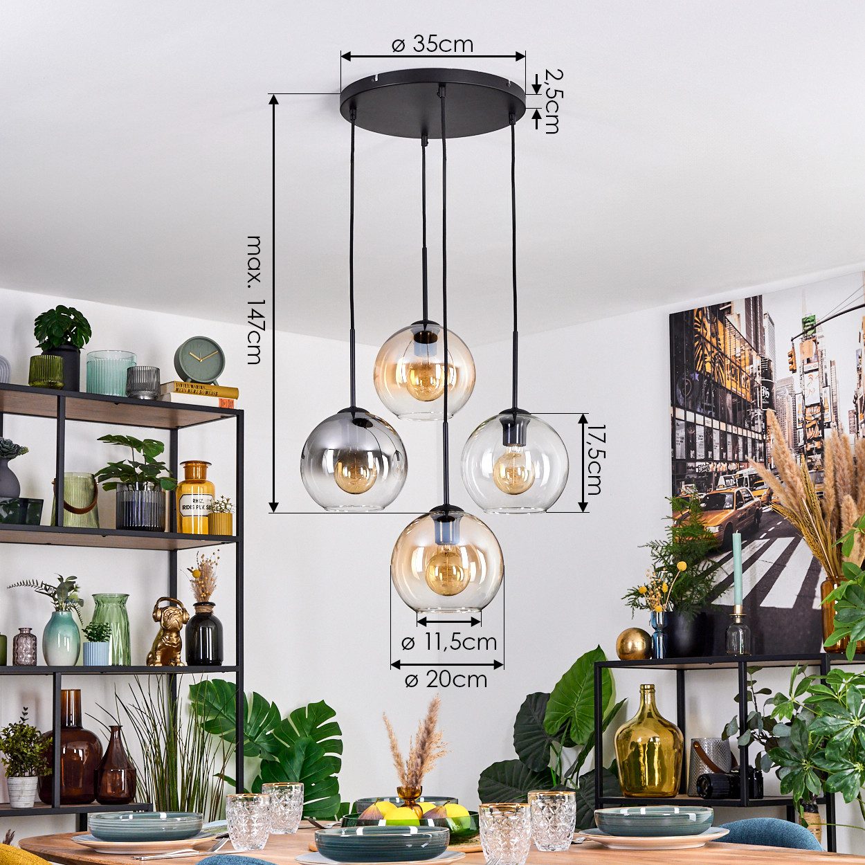 hofstein Hängeleuchte Hängelampe aus Metall/Glas in Schwarz/Bernstein-/Rauchfarben/Klar, ohne Leuchtmittel, Pendelleuchte im Retro/Vintage-Design (Schirme Ø 20 cm), 4 x E27