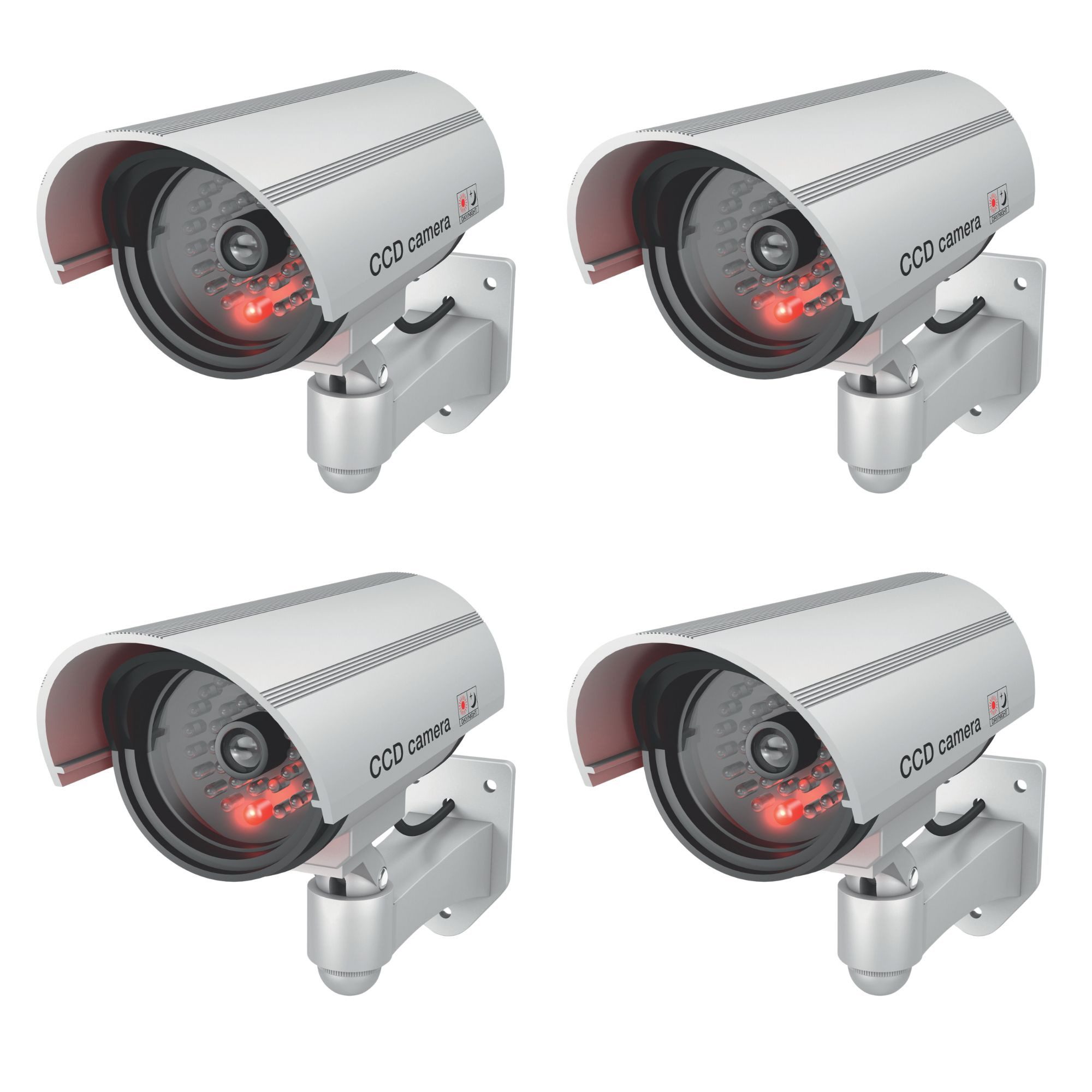 BASI Überwachungskamera Attrappe Dummy Kamera (Spar-Set, 4-tlg., Batteriebetrieben, LED-Licht, Innen-/Außen, Wandhalterung, 4 Stück)