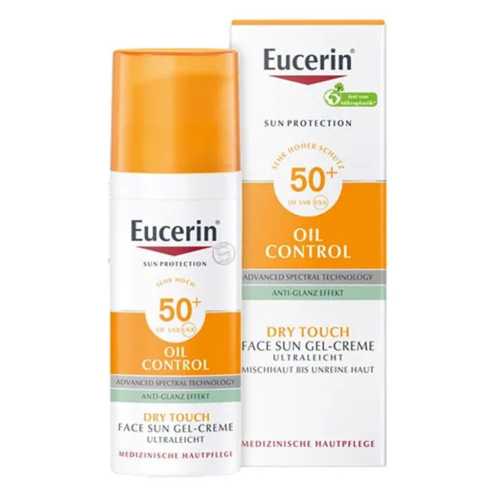 Eucerin Sonnenschutzcreme Oil Control Face Sun Gel-Creme LSF 50+, Verhindert ein klebriges Hautgefühl beim Auftragen