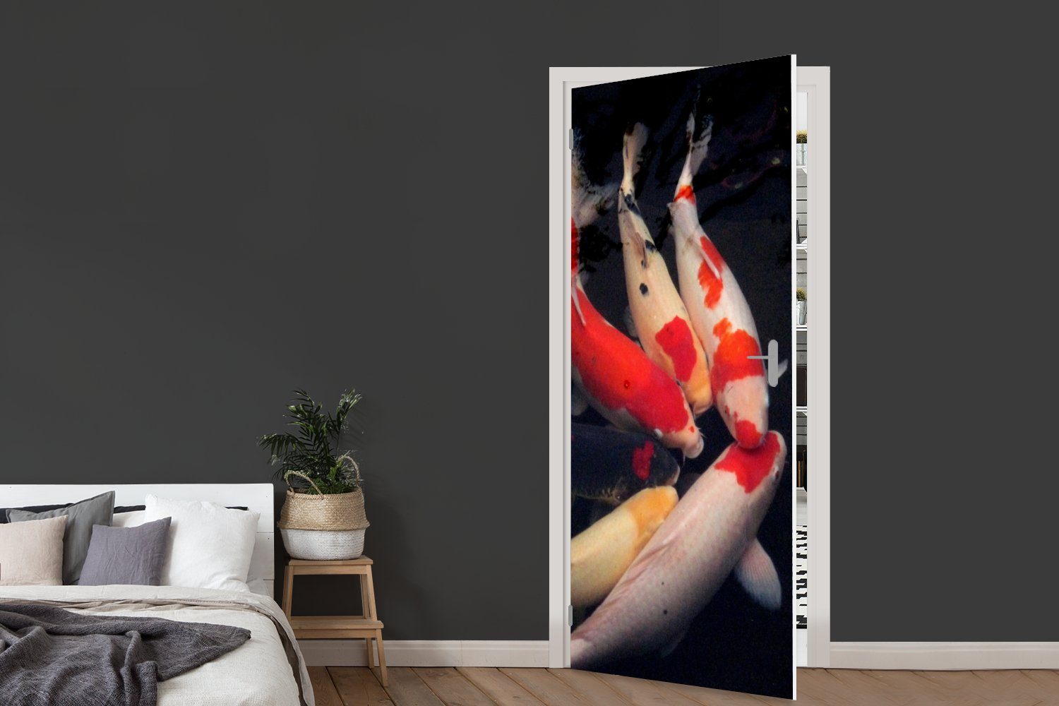 Türaufkleber, Hintergrund, Koi-Karpfen Matt, 75x205 cm Sechs St), für MuchoWow einem Fototapete vor Türtapete schwarzen bedruckt, Tür, (1