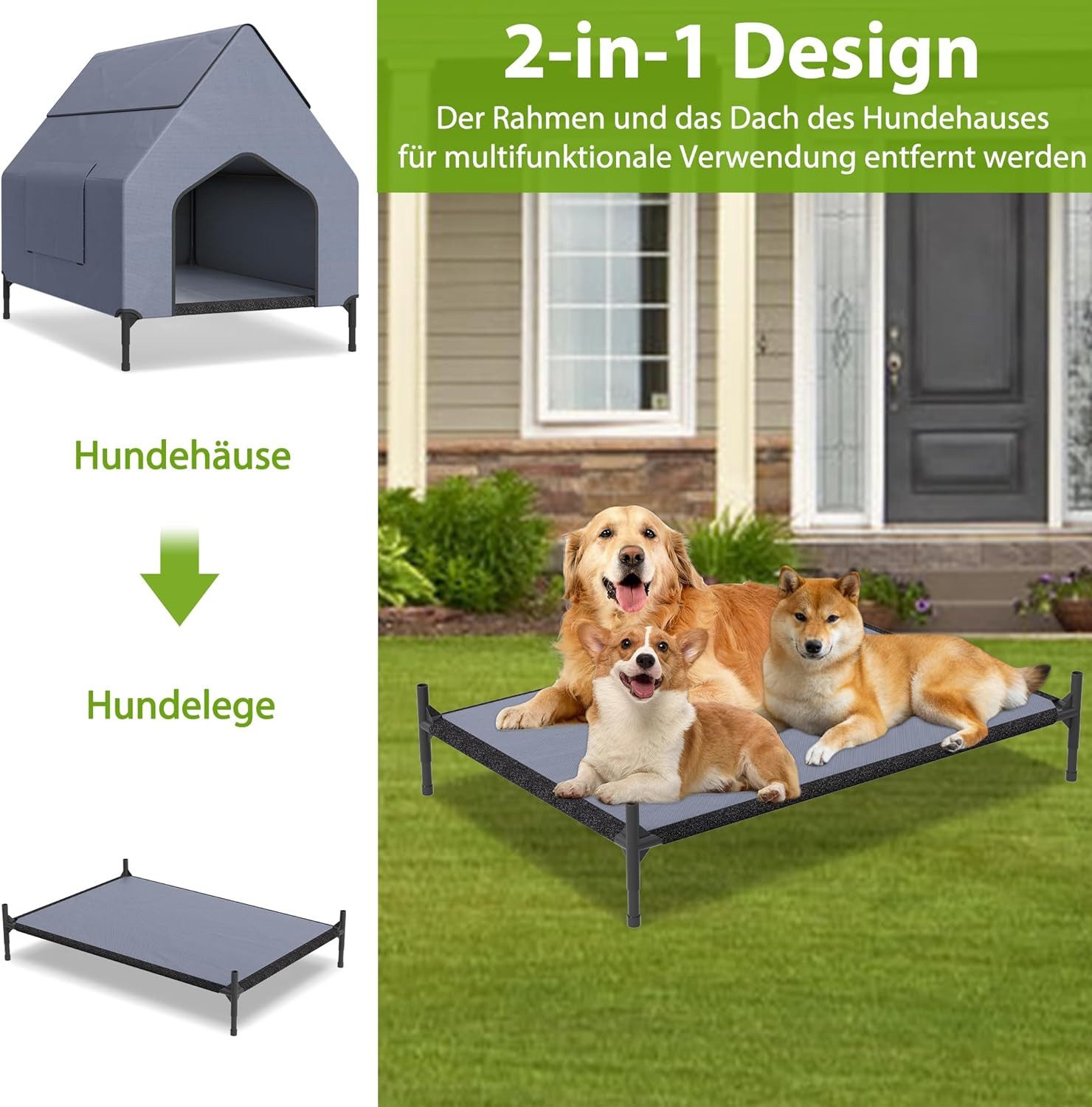 FIVMEN Hundebett mit Baldachin Hundeliege Hundehütte im Hausform, Oxford-Material Stahlrahmen Hundekäfig S/M/L