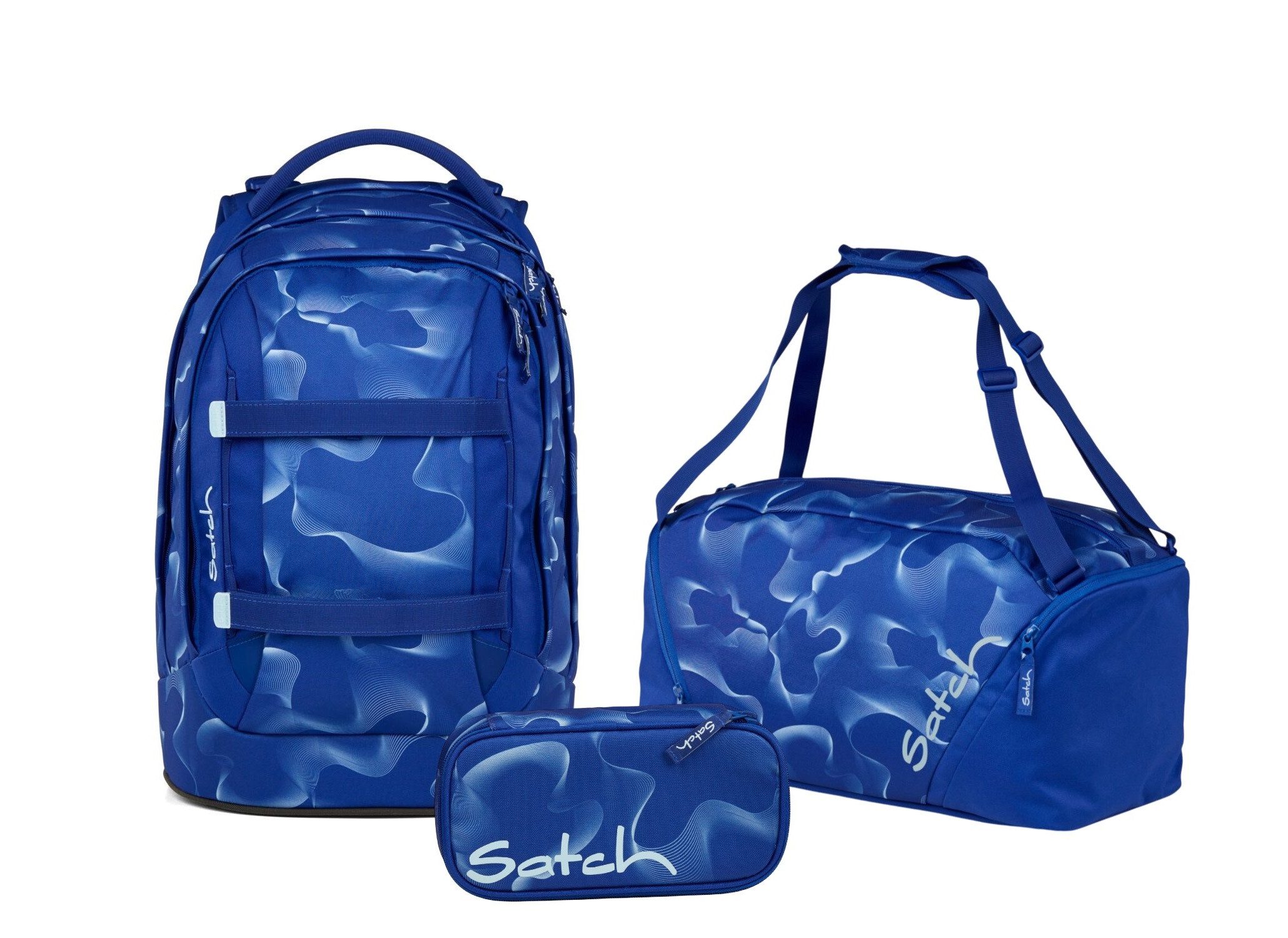 Satch Schulranzen Schulrucksack-Set PACK Vibrant Blue 3-teilig (3-teilig), ergonomisch, Your-Size-System: auf Körpergröße anpassbar