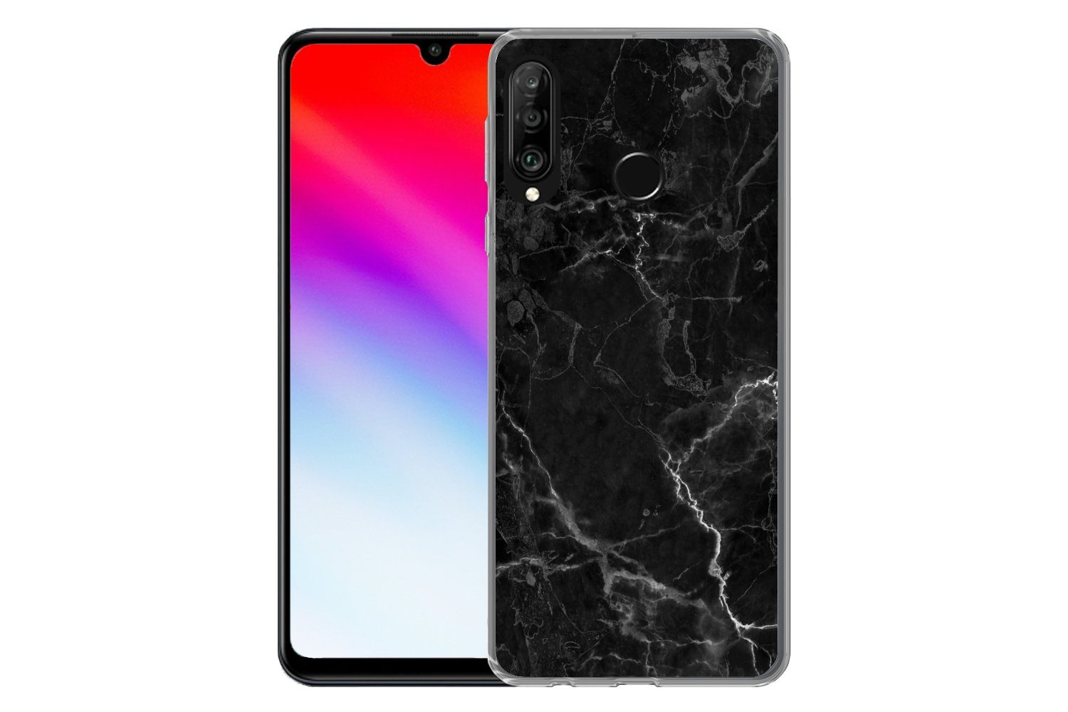 MuchoWow Handyhülle für Huawei P30 Lite Marmor - Schwarz - Weiß - Textur - Marmoroptik, Handy Case, Silikon, Bumper Case Dünn