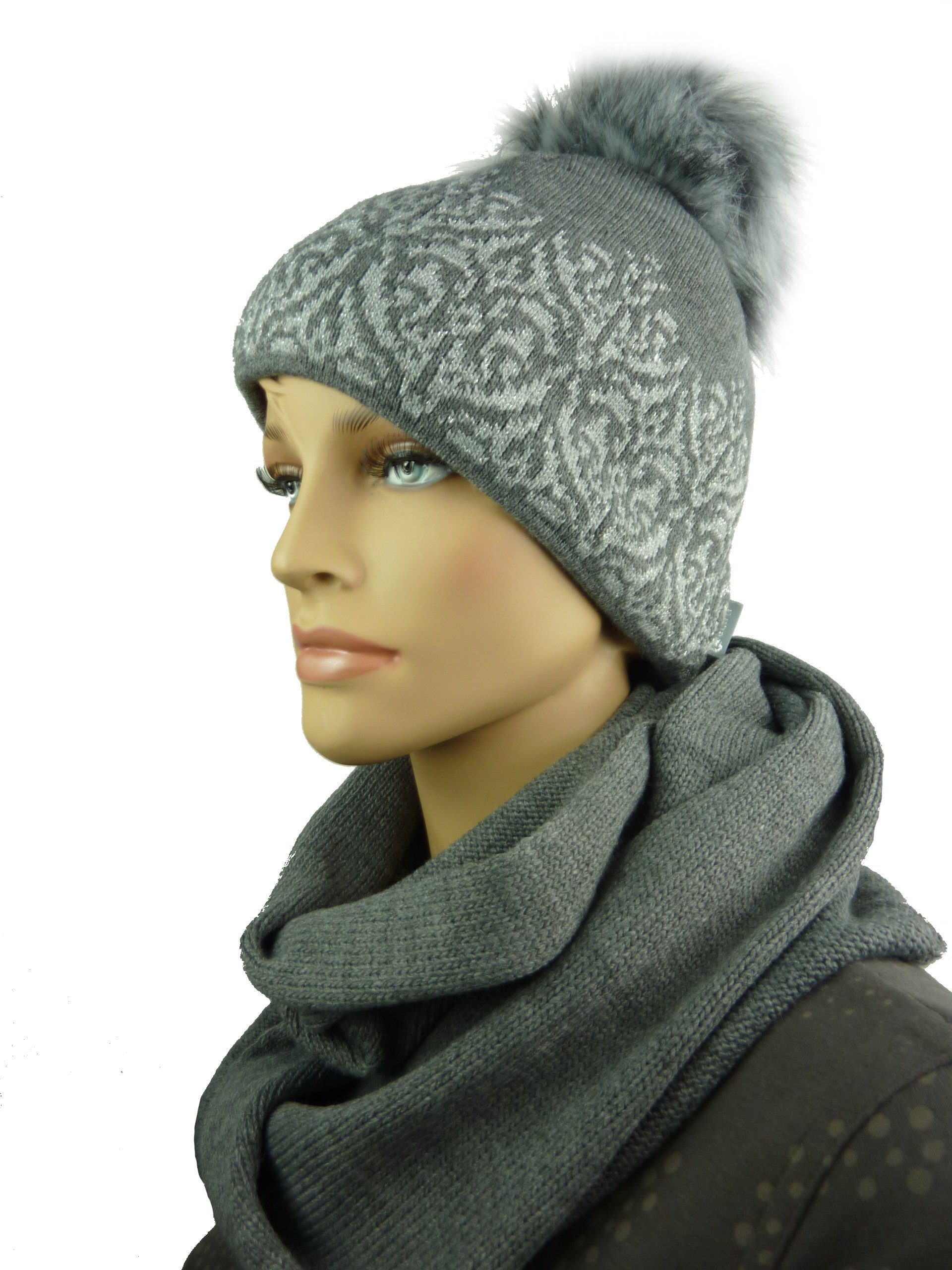 Taschen4life Strickmütze Mütze & Schal Set für Damen 1080P (Kombi, 2 teilig) großer Bommel, geometrisches Muster, Lurex Glitzereffekt, Glattstrick