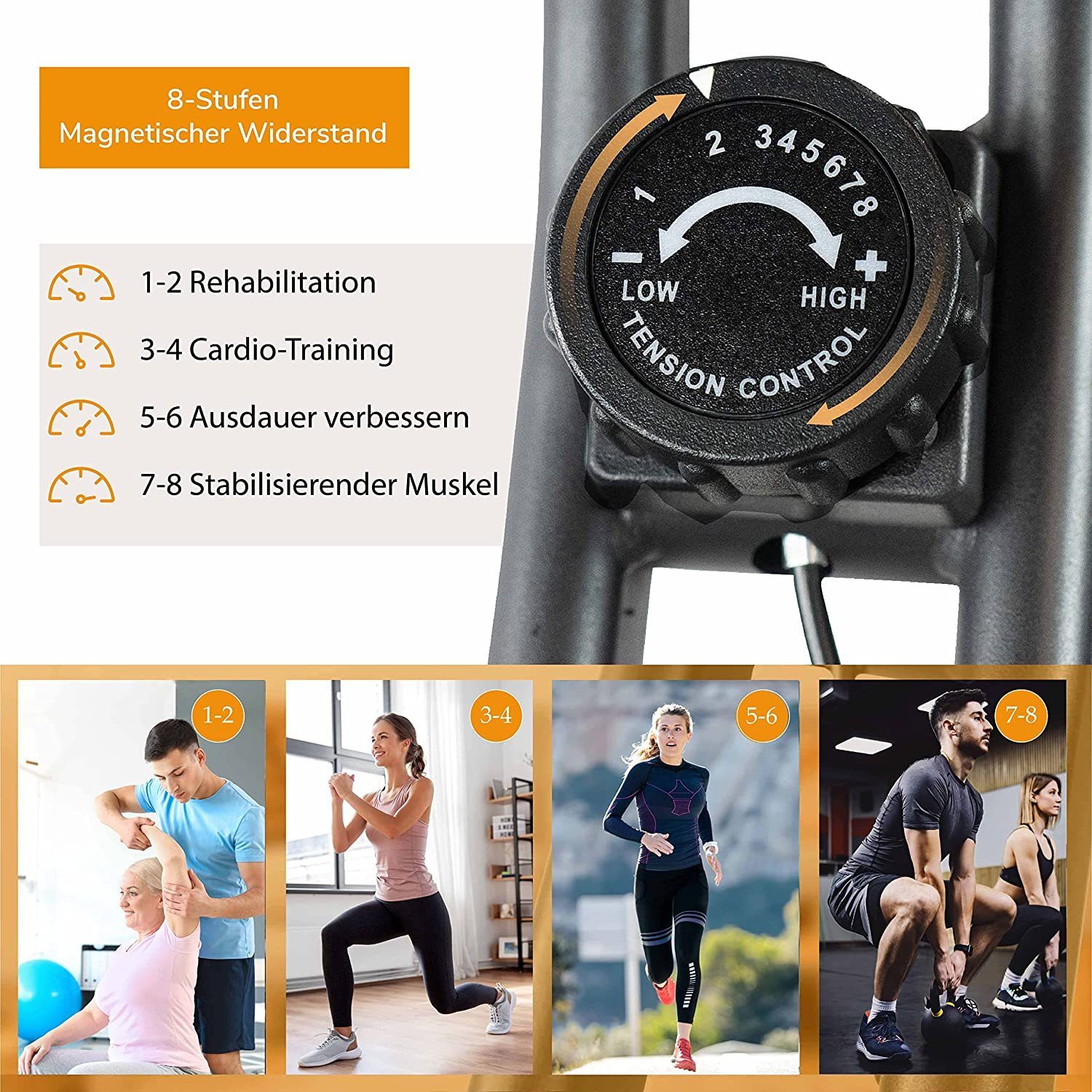 Fjoerdesports Heimtrainer Faltbarer Heimtrainer mit LCD Display Hometrainer Fitnessfahrrad (Maximales Benutzergewicht 110 Kg inkl. verstellbaren Sitz, klappbarer Hometrainer, inklusive Pulsmessung, maximales Benutzergerwicht 110 kg, Fitness Bike, Seniorentrainer, Bewegungstrainer, Trimmrad, höhenverstellbar, stabile Standfüße, bodenschonend, 8 Widerstandsstufen, Handpulssensoren, Riemenantrieb), Hometrainer, Fitnessfahrrad LCD Trainingscomputer