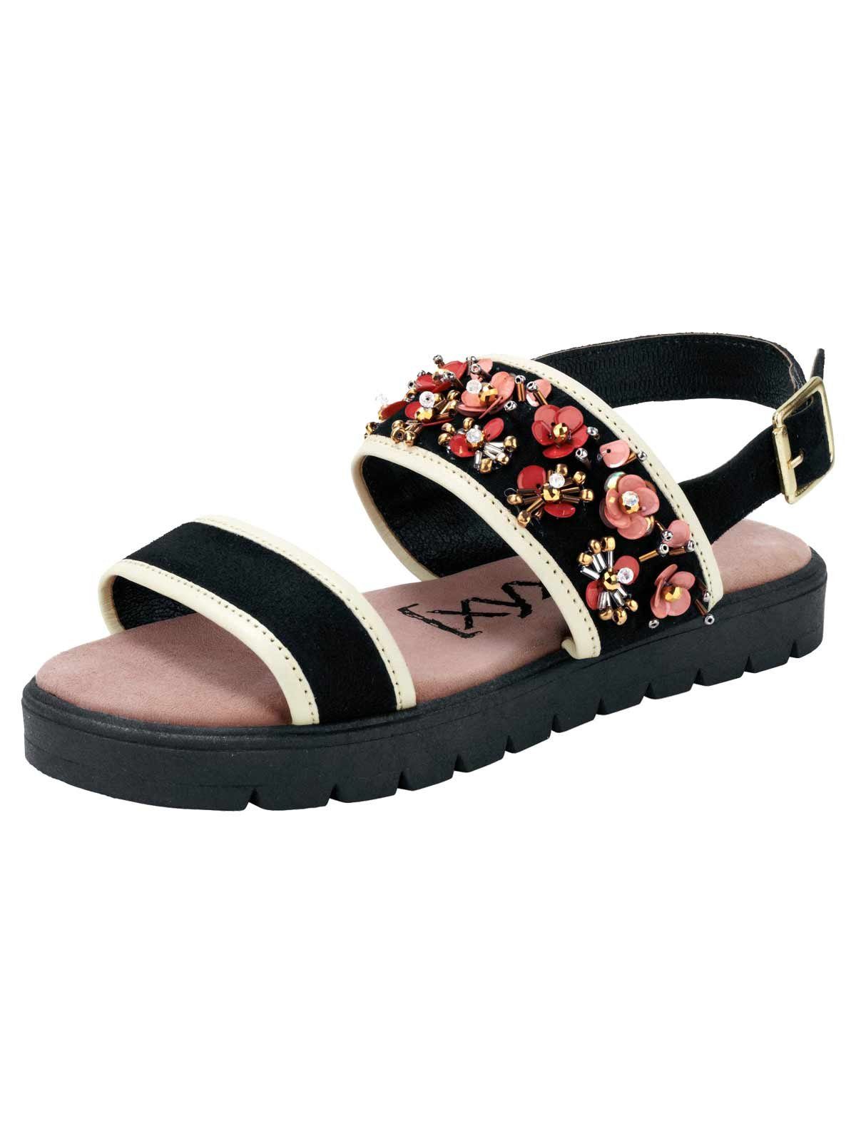 XYXYX Xyxyx Damen Marken-Leder-Sandalette mit Blüten, schwarz Sandalette