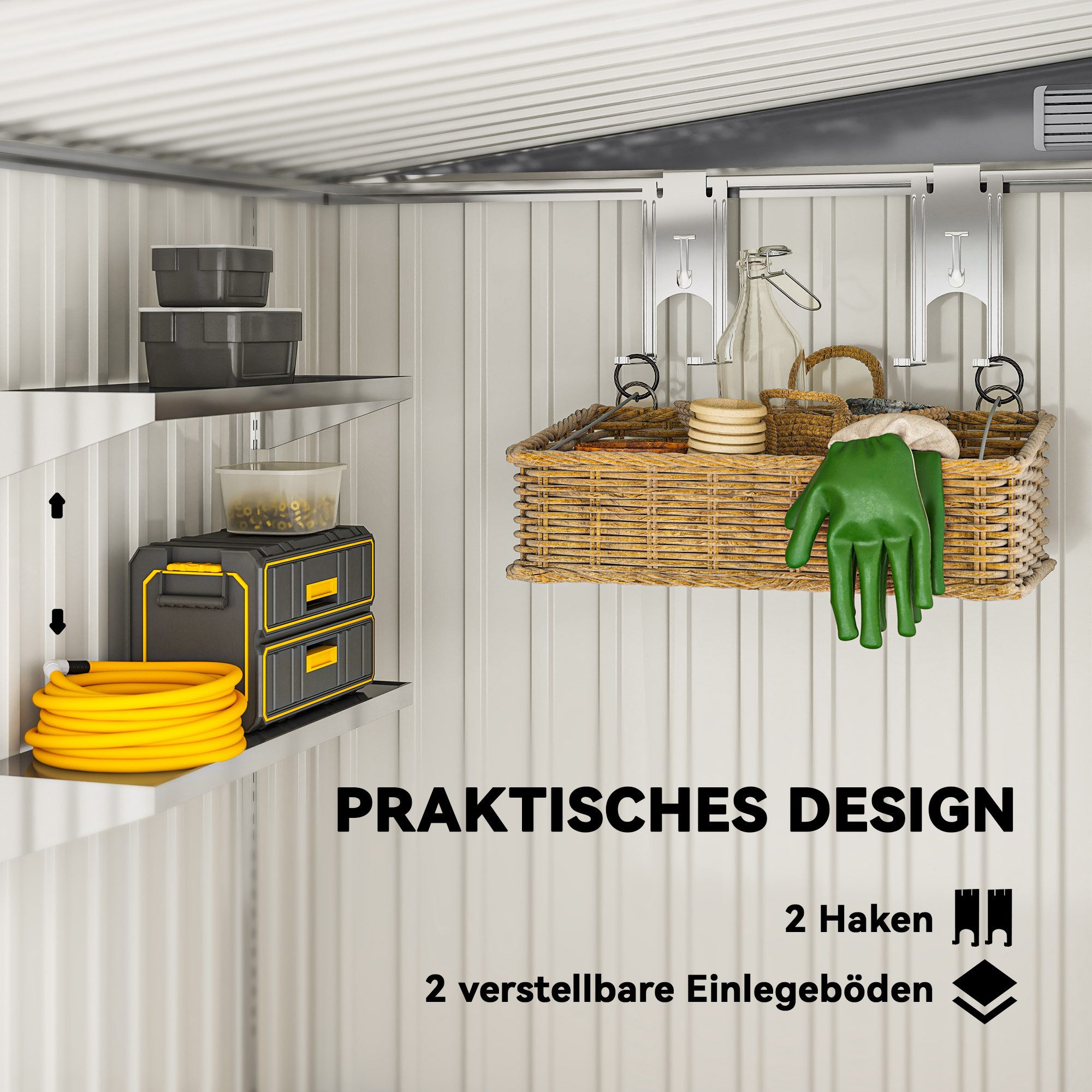 Outsunny Gerätehaus Gartenschuppen aus Metall, BxT: 154x206.5 cm, (Geräteschuppen, 1 St., Gartenhaus), Schiebetür, Belüftung, Stahl, Regale, Dunkelgrau – Bild 5 von 5