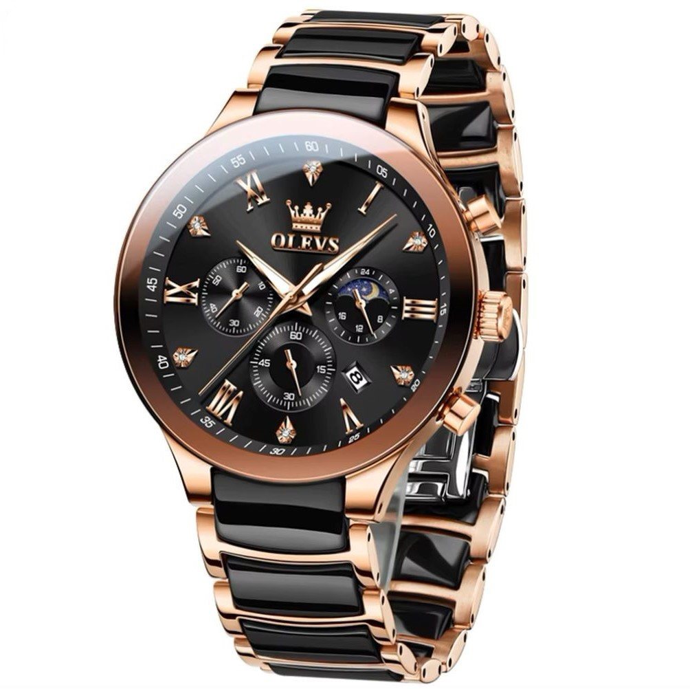 OLEVS Quarzuhr Olevs 7004 Herrenuhr Luxus Chrono Keramikeinlagen Rose 7004