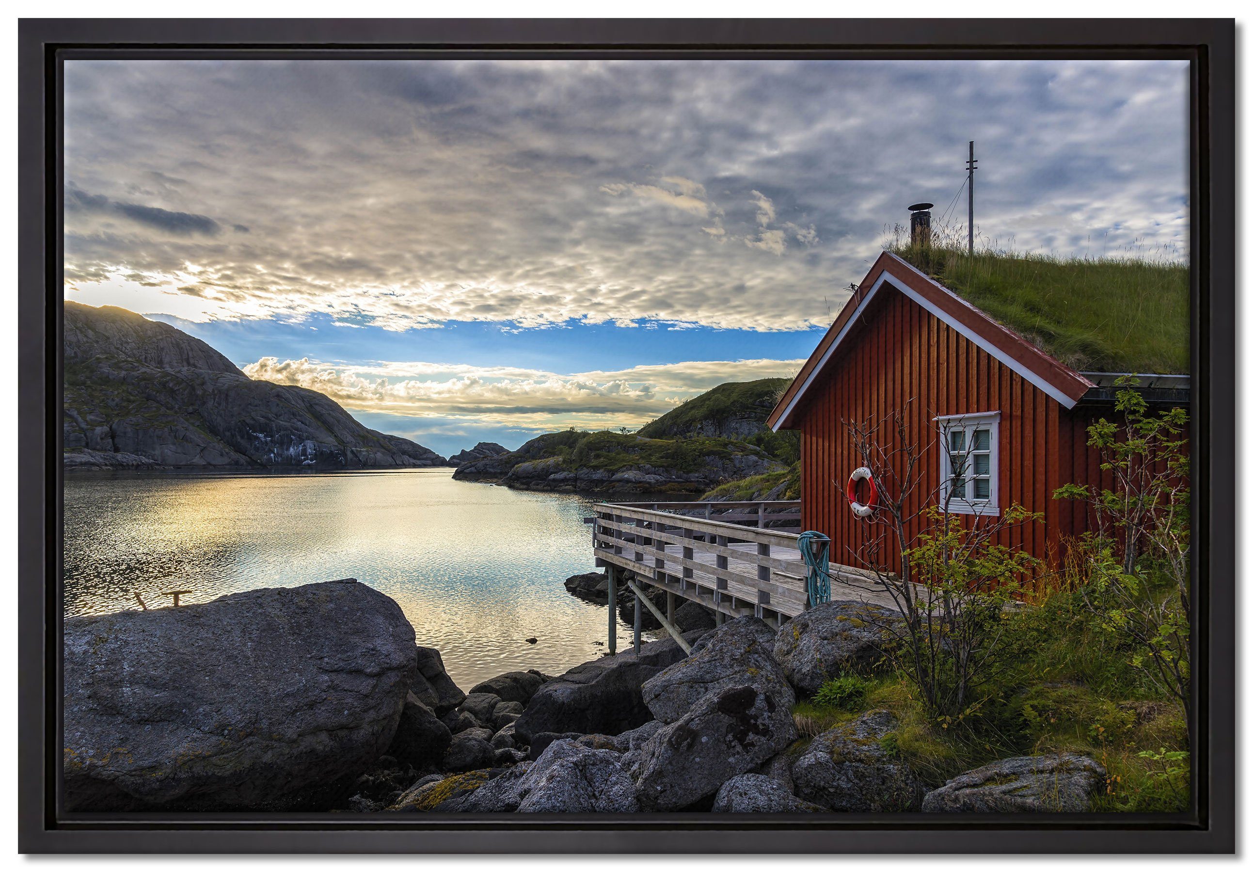 fertig in Pixxprint Zackenaufhänger gefasst, bespannt, einem Leinwandbild Leinwandbild Sonnenaufgang Fjord Wanddekoration St), inkl. Norwegens, (1 am Schattenfugen-Bilderrahmen