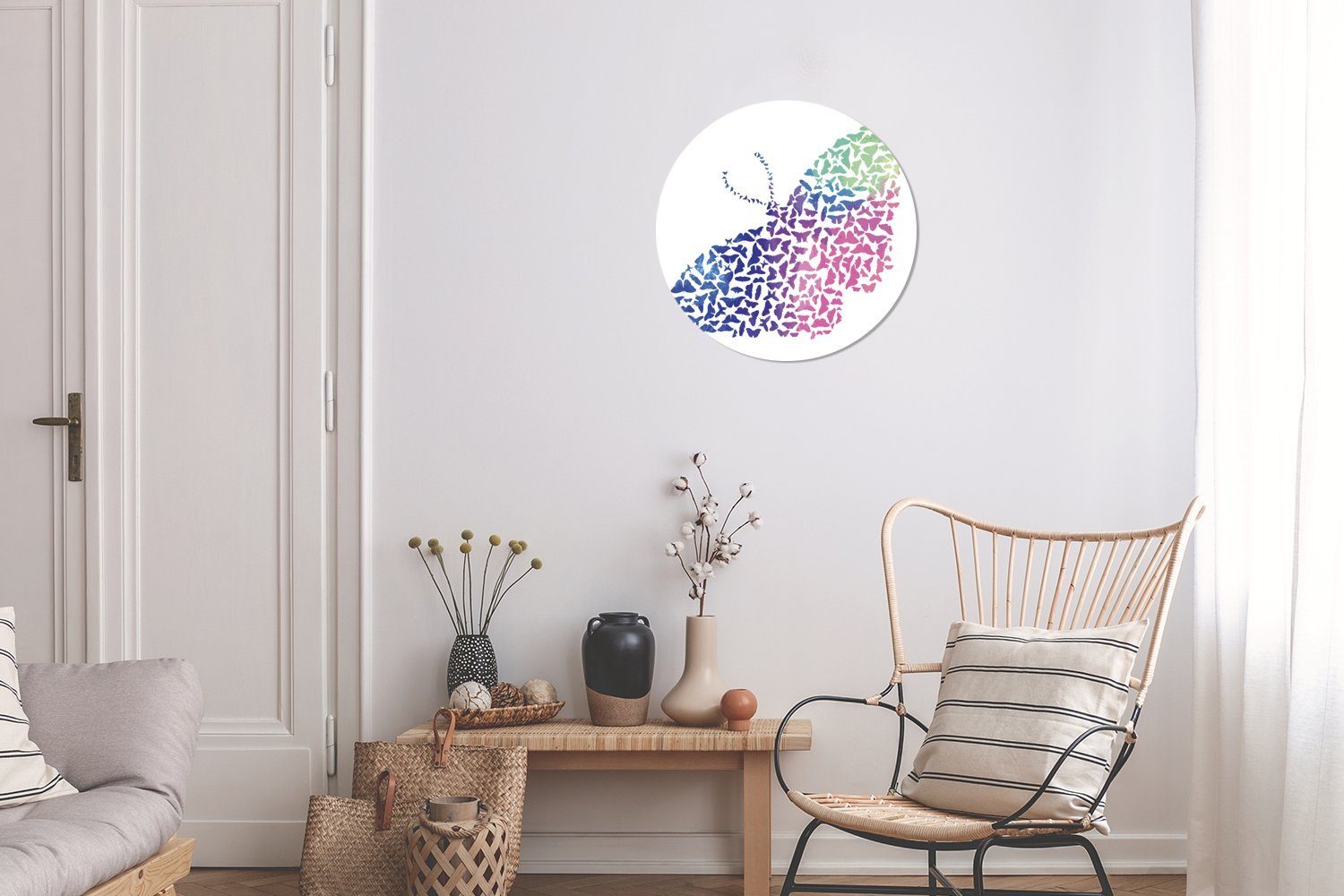 MuchoWow Eine Wandbild, 30x30 Wanddekoration Kreis (1 Schmetterlings Rundes Wohnzimmer, auf Gemälde Illustration weißem eines Hintergrund, cm St), Forex,