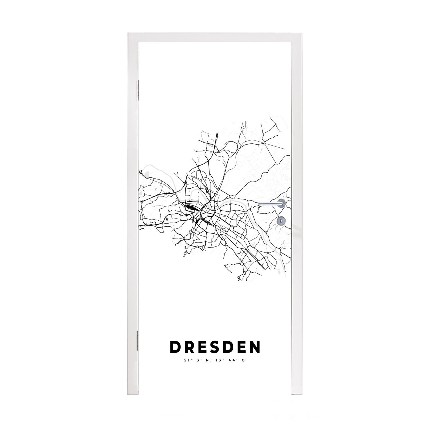 MuchoWow Türtapete Stadtplan - Deutschland - Schwarz und weiß - Dresden - Karte, Matt, bedruckt, (1 St), Fototapete für Tür, Türaufkleber, 75x205 cm