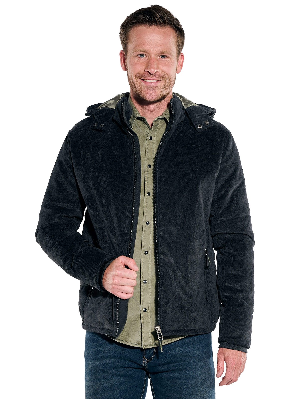 Engbers Steppjacke Herren Cord-Jacke mit abnehmbarer Kapuze, Schwarz