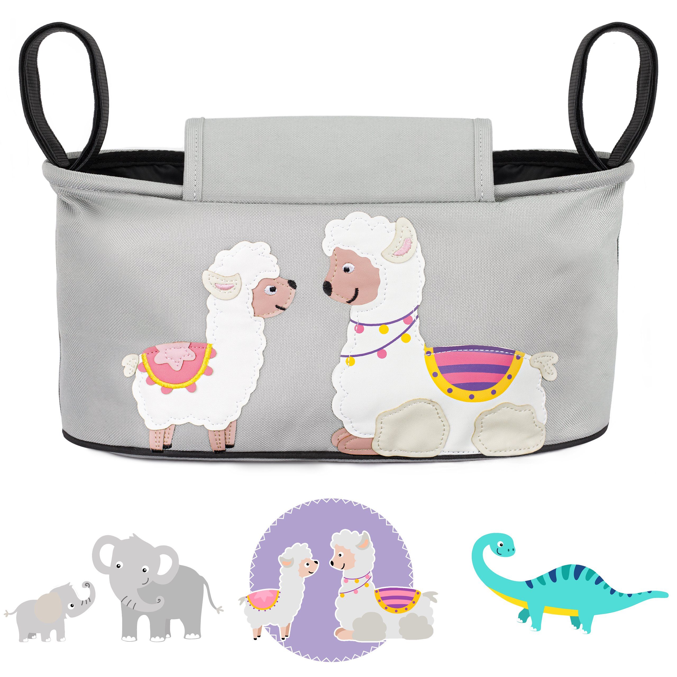 GLÜCKSWOLKE Kinderwagen-Tasche in Grau oder Schwarz I 6 Motive I Kinderwagentasche & Buggy Organizer, Kinderwagen Tasche mit Getränkehalter und Feuchttücherfach