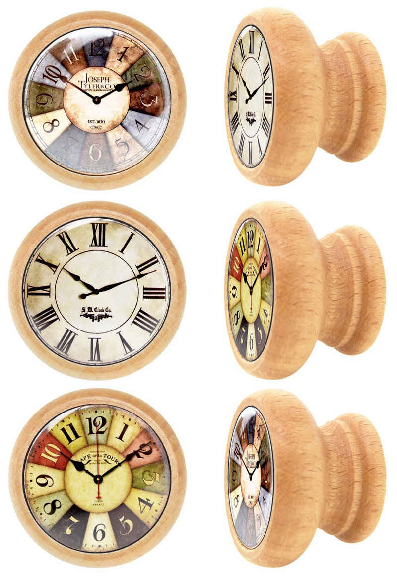 Lashuma Möbelgriff Uhren (Set, 6-St), Schubladengriffe Retro mit Uhren-Motiv, Kommoden Griffe 4 cm Ø