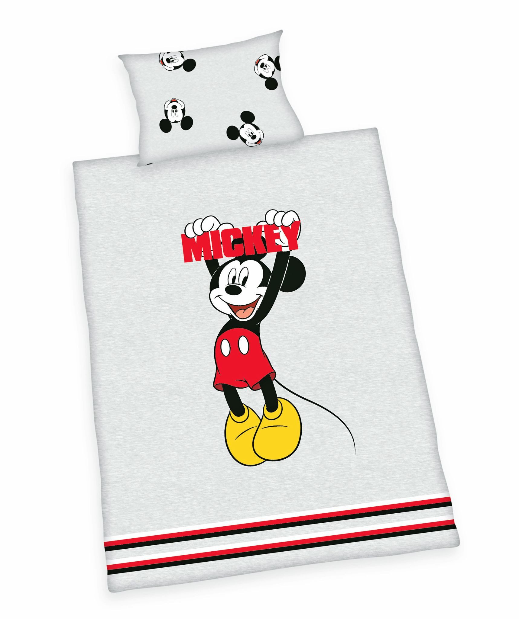 Herding Babybettwäsche 100x135cm Disney Mickey Mouse Grau Schwarz Rot, Renforcé, 2 teilig, süßes Design mit Reißverschluss am Bettbezug