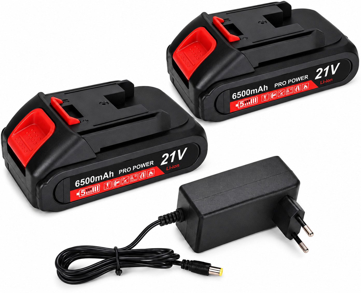 Athlix 2er Pack Ersatzakkus für Makita 21V 6500mAh mit Ladegerät Akku 6500 mAh (21 V), Robustes, stoßgeschütztes Gehäuse - Tiefentladungsschutz