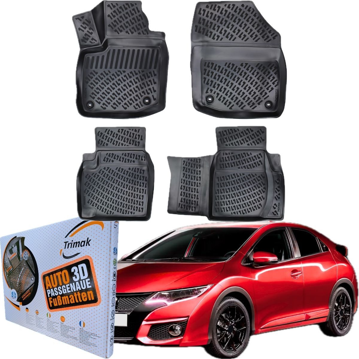 Trimak Passform-Fußmatten Oder Kofferraumwanne Oder Set kompatibel mit Honda Civic, Civic HB 9. Gen: 2011–2017 Gummimatten Auto TPE Allwetter