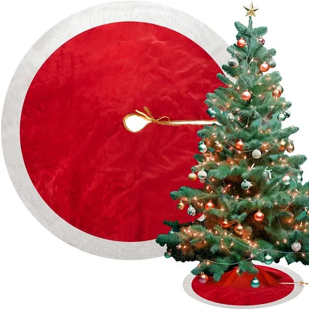 Ruhhy Weihnachtsbaumdecke Christbaumteppich Baumunterlage Plüschmatte (1-tlg), Plüsch, weißer Fellrand, Goldband, 90 cm, Bodenschutz
