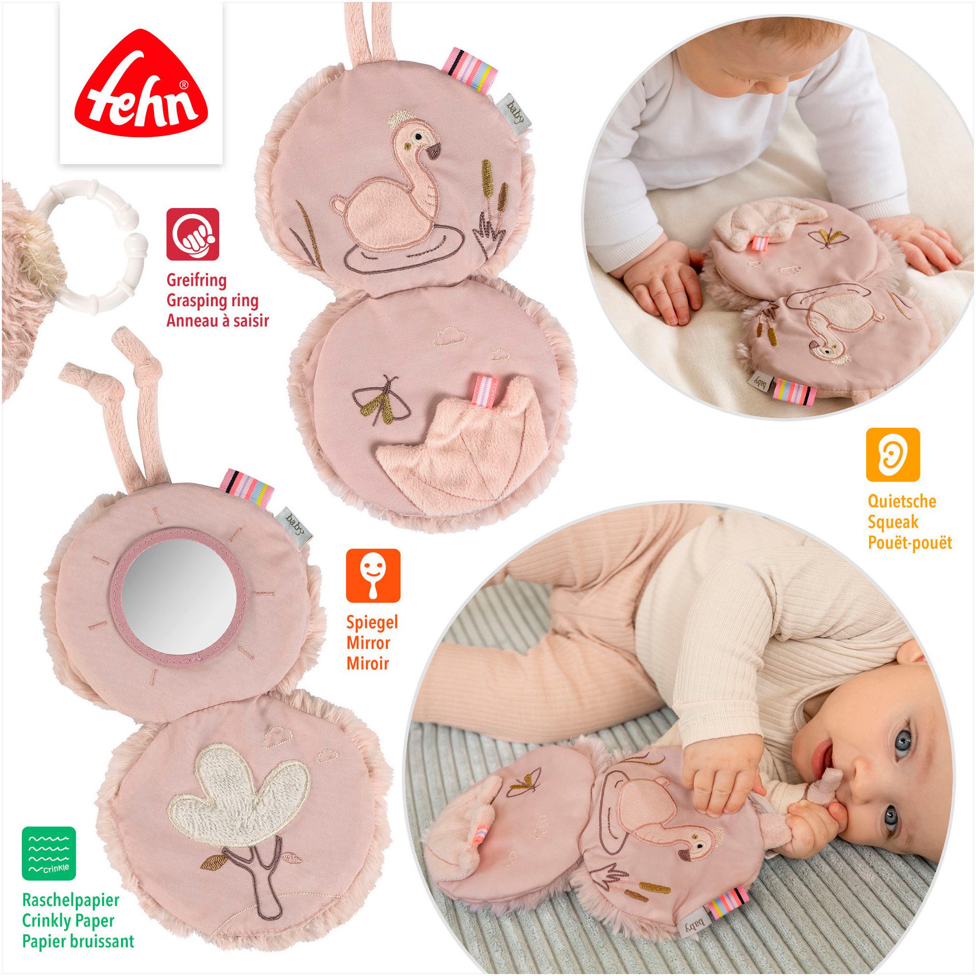 Fehn Greifspielzeug Lazy, Crazy & Pink, Stoffbuch Flamingo