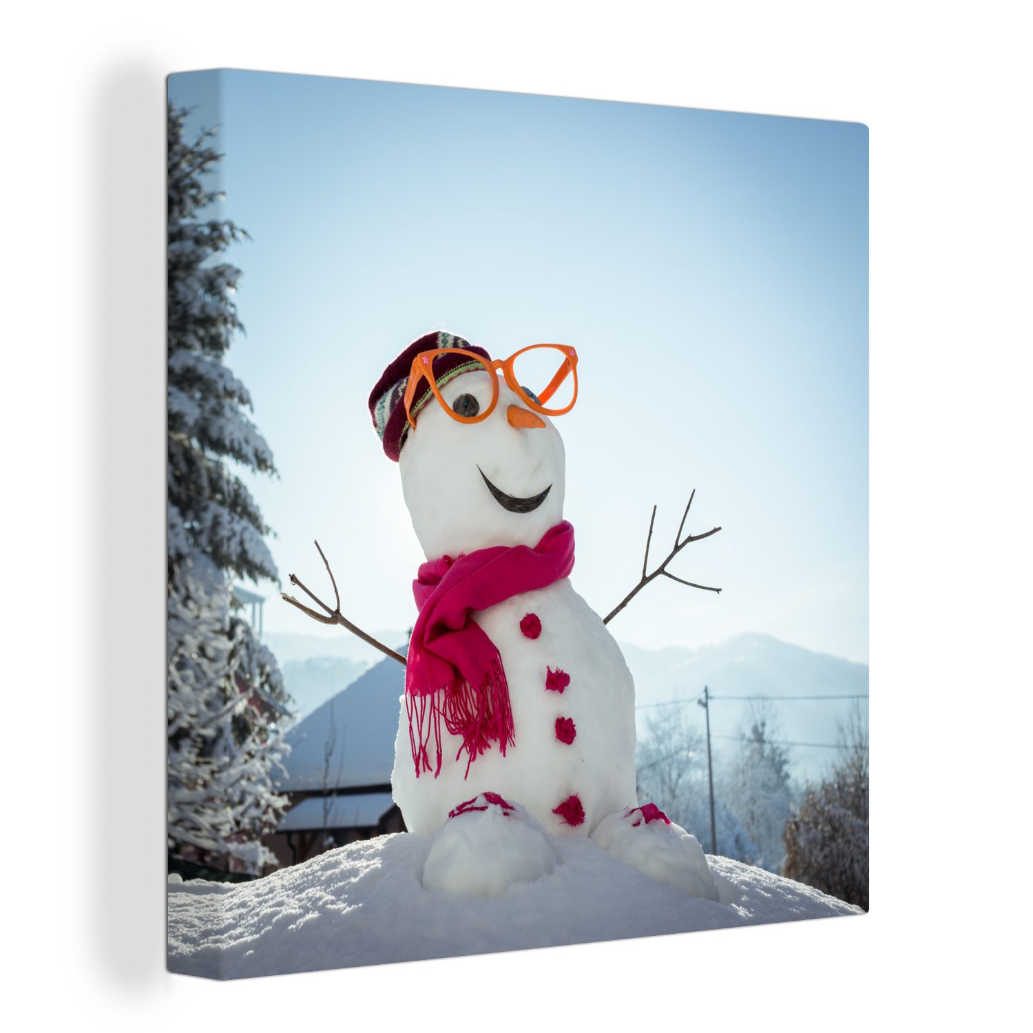 OneMillionCanvasses® Leinwandbild Schneemann mit Brille in den Bergen, (1 St), Leinwand Bilder für Wohnzimmer Schlafzimmer