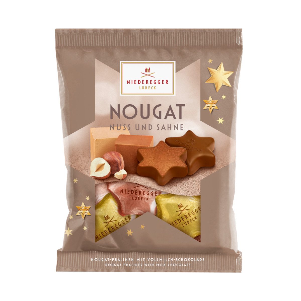 Niederegger Schokolade, Niederegger Nuss- und Sahne-Nougat Sterne in Vollmilch Beutel 87g