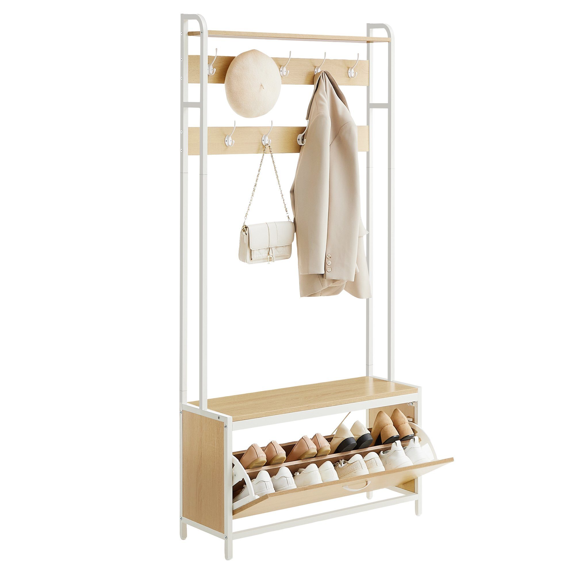 VASAGLE Garderobenständer Garderobe, mit Sitzbank, 30 x 85 x 180 cm Eichenfarben-Weiß