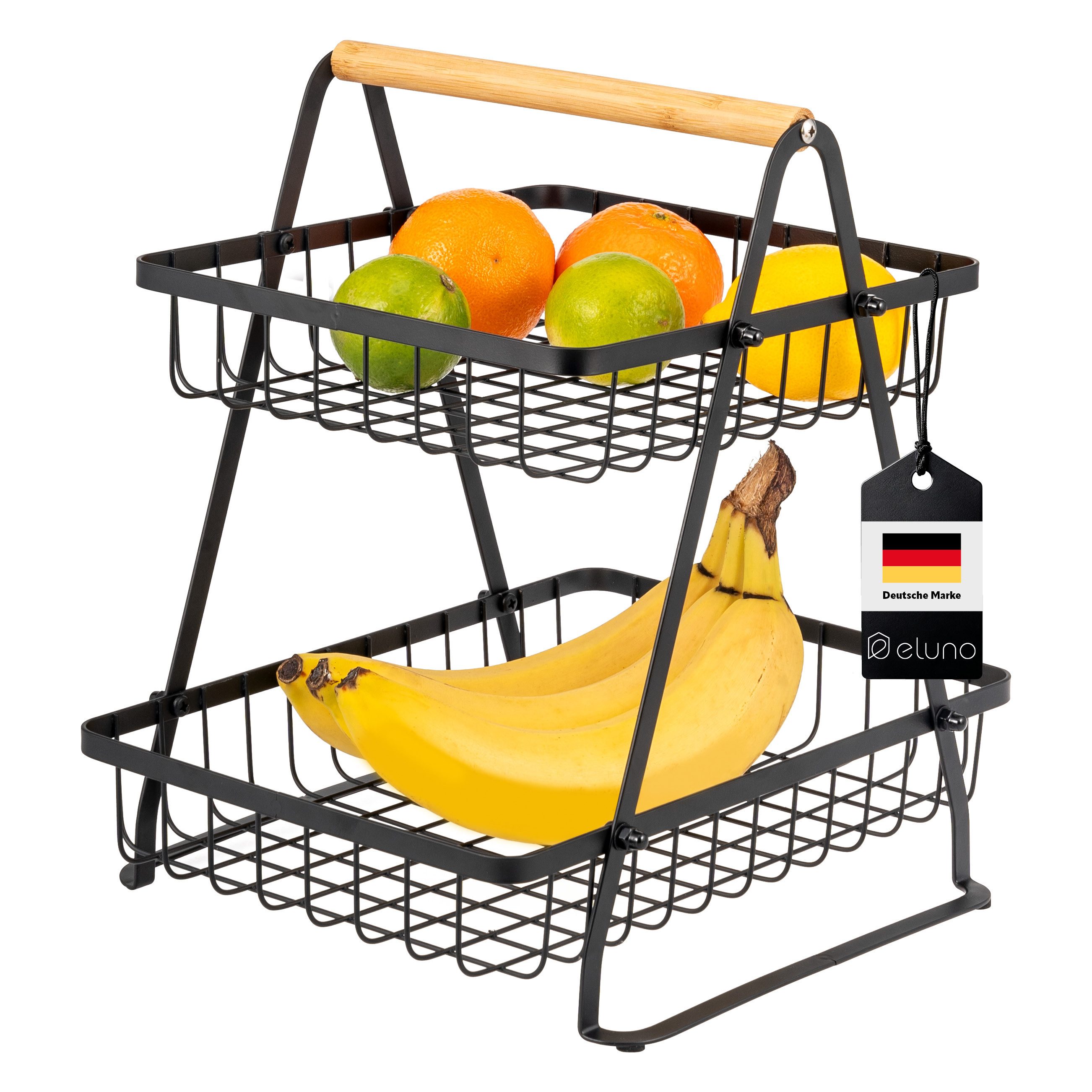 Obstschale 2-stöckige Etagere, aus Bambus und schwarzem Metall