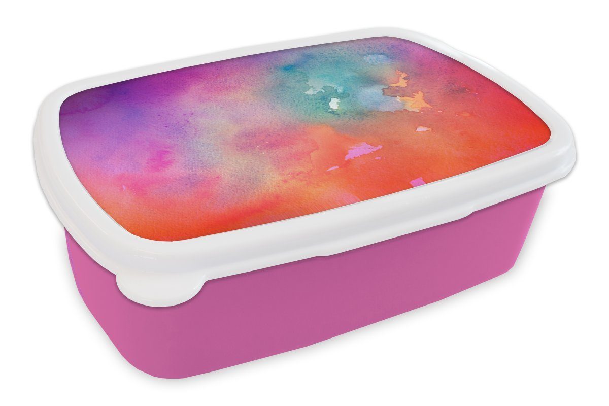 MuchoWow Lunchbox Aquarell - Abstrakt - Grün - Rot, Kunststoff, (2-tlg), Brotbox für Erwachsene, Brotdose Kinder, Snackbox, Mädchen, Kunststoff rosa