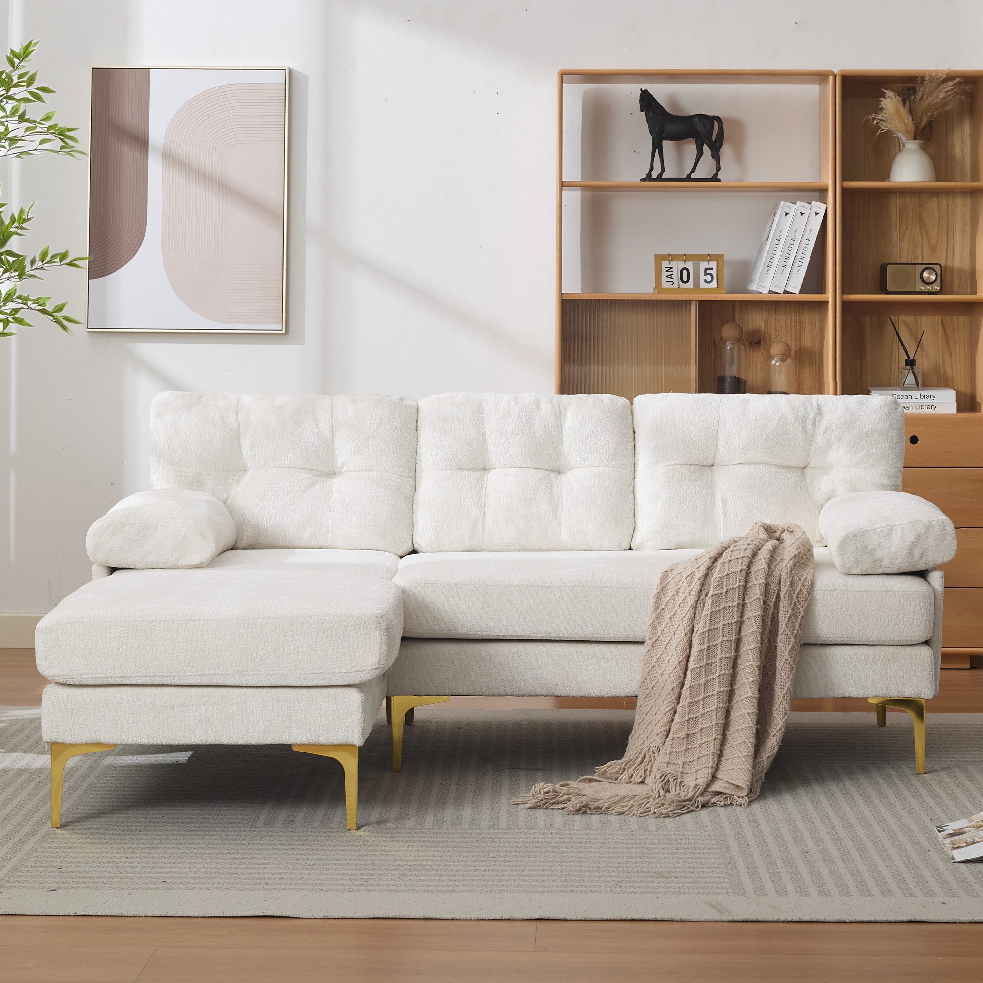 ibettertec Big-Sofa L-förmiges Sofa 187,5 cm mit Liegefunktion – Chenille-Stoff, 3 Sitzkissen, gepolsterte Armlehnen, verstellbarer Lounger
