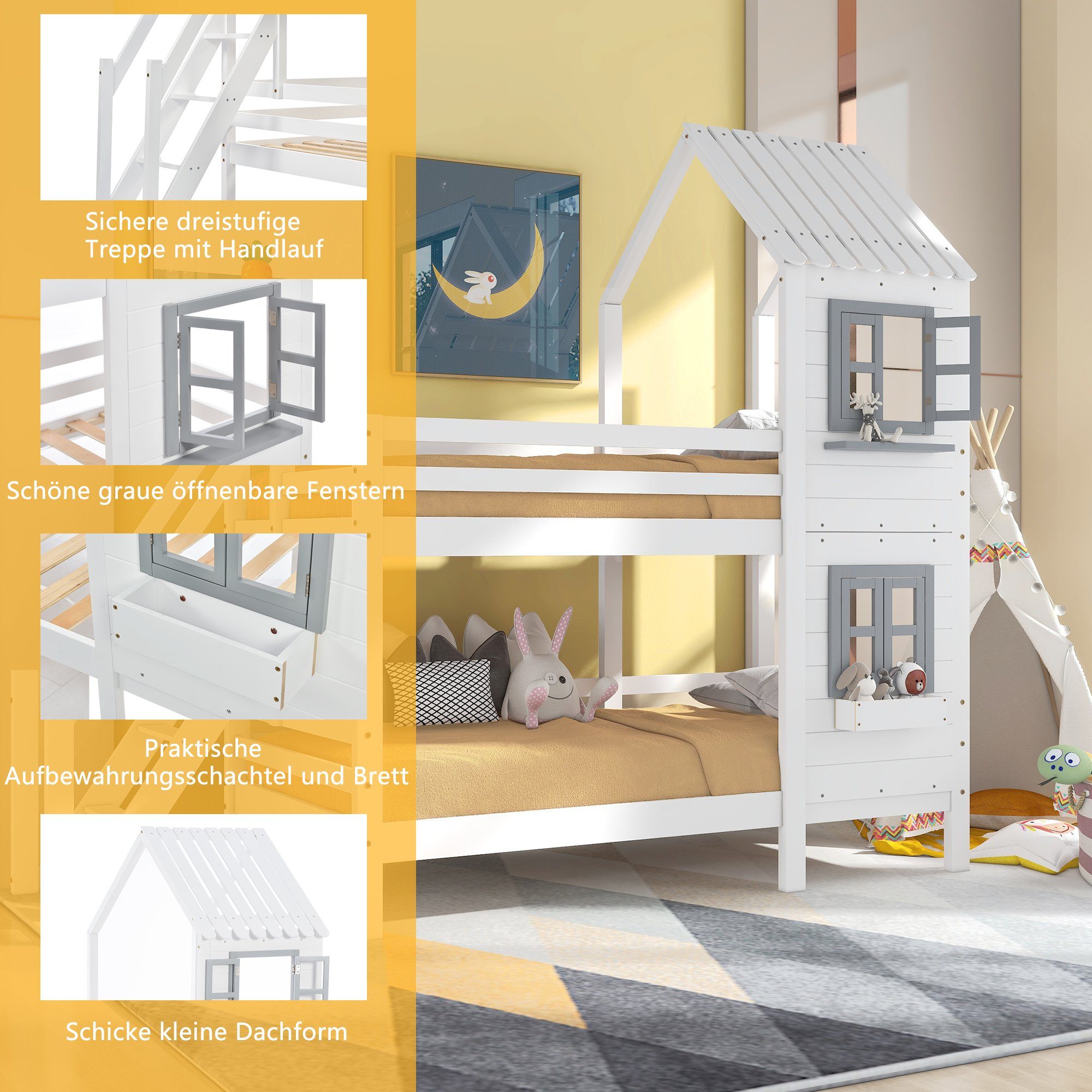 Hausbett mit 90x200cm Weiß Leiter Fenster Etagenbett Kinderbett, Ulife Fallschutz Kiefer