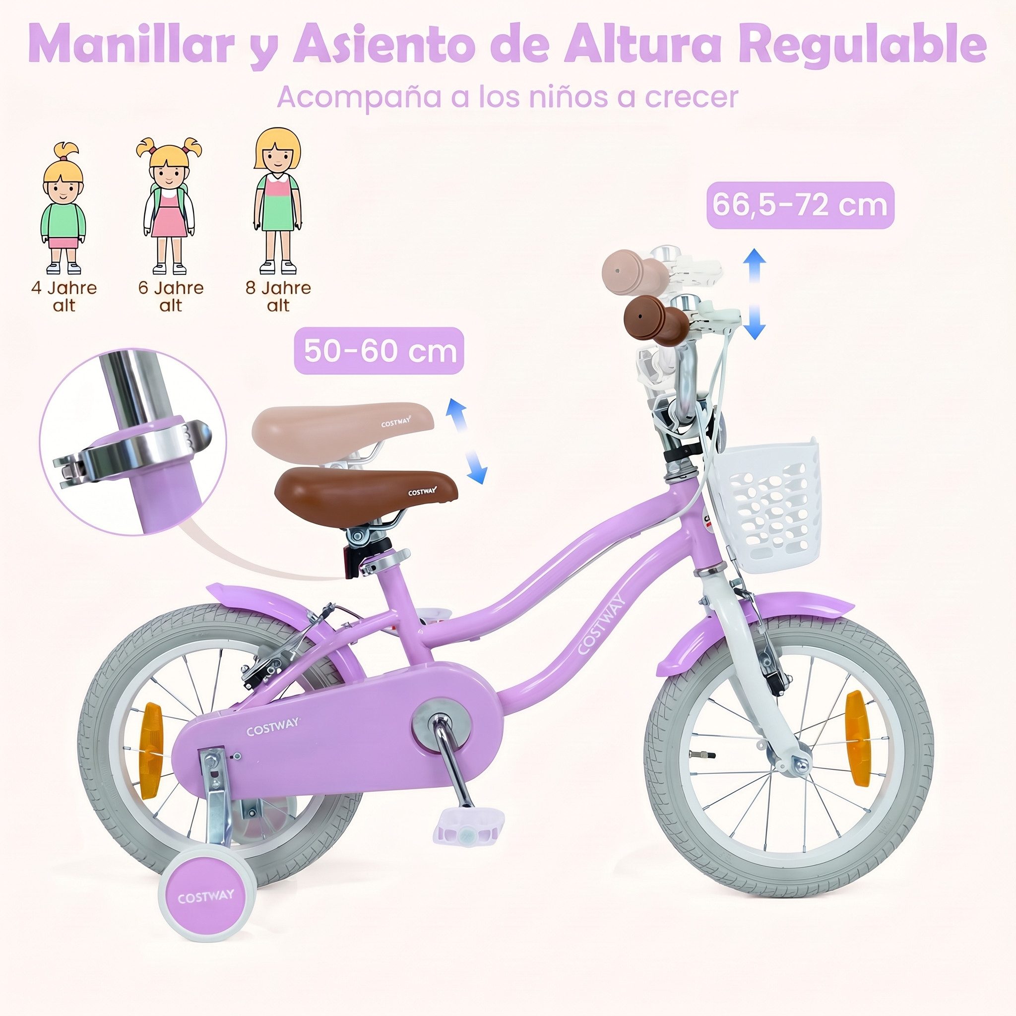 COSTWAY Kinderfahrrad, Mit Korb, Klingel, Doppelbremsen & abnehmbaren Stützrädern