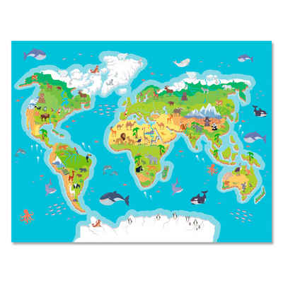 wandmotiv24 Leinwandbild Weltkarte, Querformat, Kinder Landkarte, Tiere der Welt, Weltkarten (1 St), Wandbild, Wanddeko, Leinwandbilder in versch. Größen