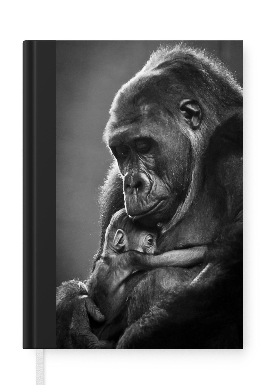 MuchoWow Notizbuch Schwarz-Weiß-Bild einer Gorillamutter mit ihrem neugeborenen Baby, Journal, Merkzettel, Tagebuch, Notizheft, A5, 98 Seiten, Haushaltsbuch